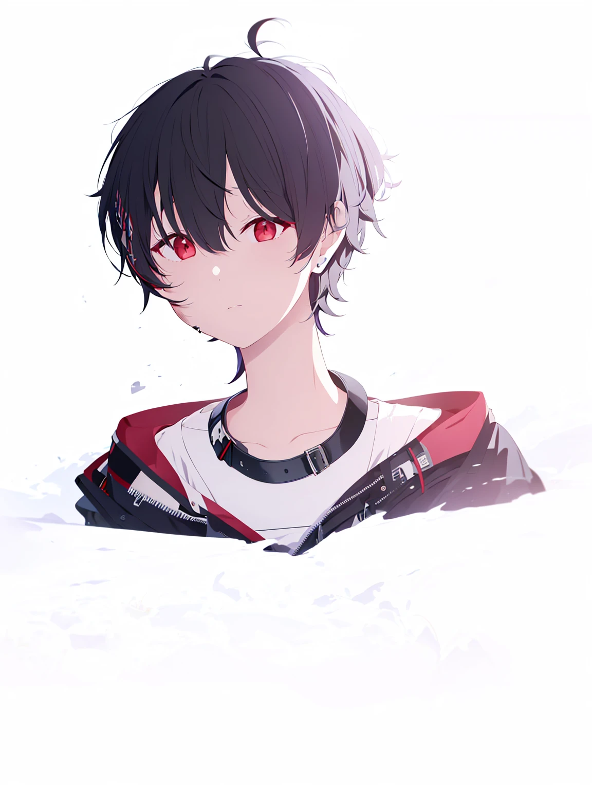 solo,1boy,black hair, red eyes, short haicut,balck jacket, messy hair, cow lick, ahoge , messy bangs bangs ,