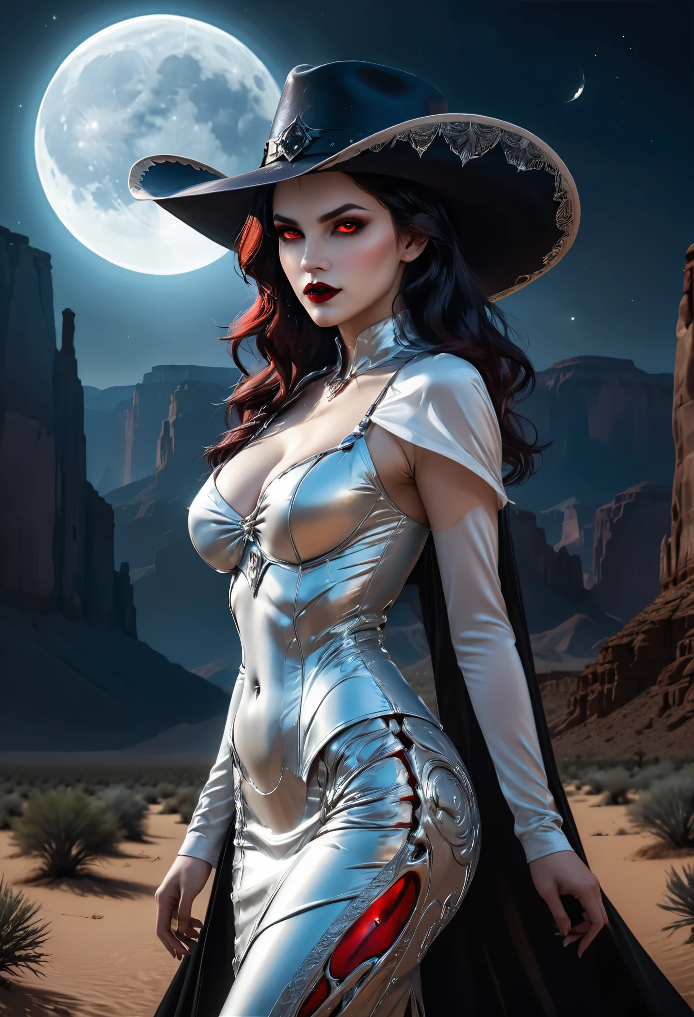 a picture of a female vampire cowboy in the desert night, a goth beauty, exquisite beautiful female vampire, ((anatomically correct: 1.5), (ultra detailed face: 1.2), best detailed face, red glowing eyes, full body, busty, wearing white bottom shirt, short skirt, dynamic color. wearing (cowboy hat: 1.2), wearing high heeled boots, it is night time in the desert, moon light. moon rays, west America desert canyon background, Hyperrealism style, vibrant, Ultra-high resolution, High Contrast, (masterpiece:1.5), highest quality, Best aesthetics), best details, best quality, highres, ultra wide angle, 16k, [ultra detailed], masterpiece, best quality, (extremely detailed) RAW, chumbasket art style,