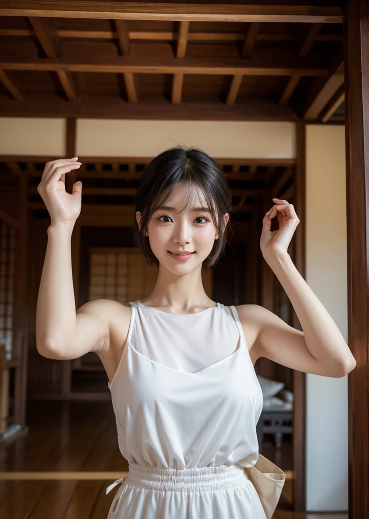 Diffuse lighting、 Highest quality, High resolution, unity 8k wallpaper、Supersaturation, Japanese、1 female、23 years old、Highest quality、8k、超High resolution、Clear photos、Professional Lighting、Light、Very short hair、smile、Ultra slim、Tight waist、Upper body close-up、Slender body、Traveling Southeast Asia、Angkor Wat ruins、Buddhism、Solemn atmosphere、