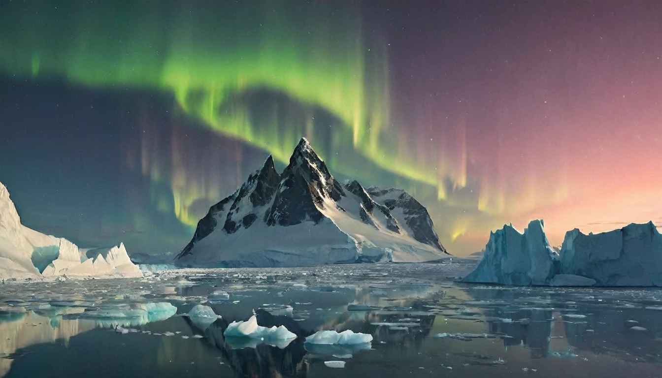 "Generates an ultra-sharp image of a mysterious landscape in Antarctica. Includes vast glaciers glistening in the moonlight, towering ice mountains, and an aurora borealis in the night sky. Adds an impressive and ancient alien construction half buried in the snow, with alien architecture and dim lights emanating from within. The structure must have an intricate design, with details suggesting advanced technology and unknown origin. Make sure the scene has a mystical and desolate atmosphere, with light and shadow effects that enhance the texture and clarity of ice and snow, while the extraterrestrial construction adds a touch of mystery and fascination."