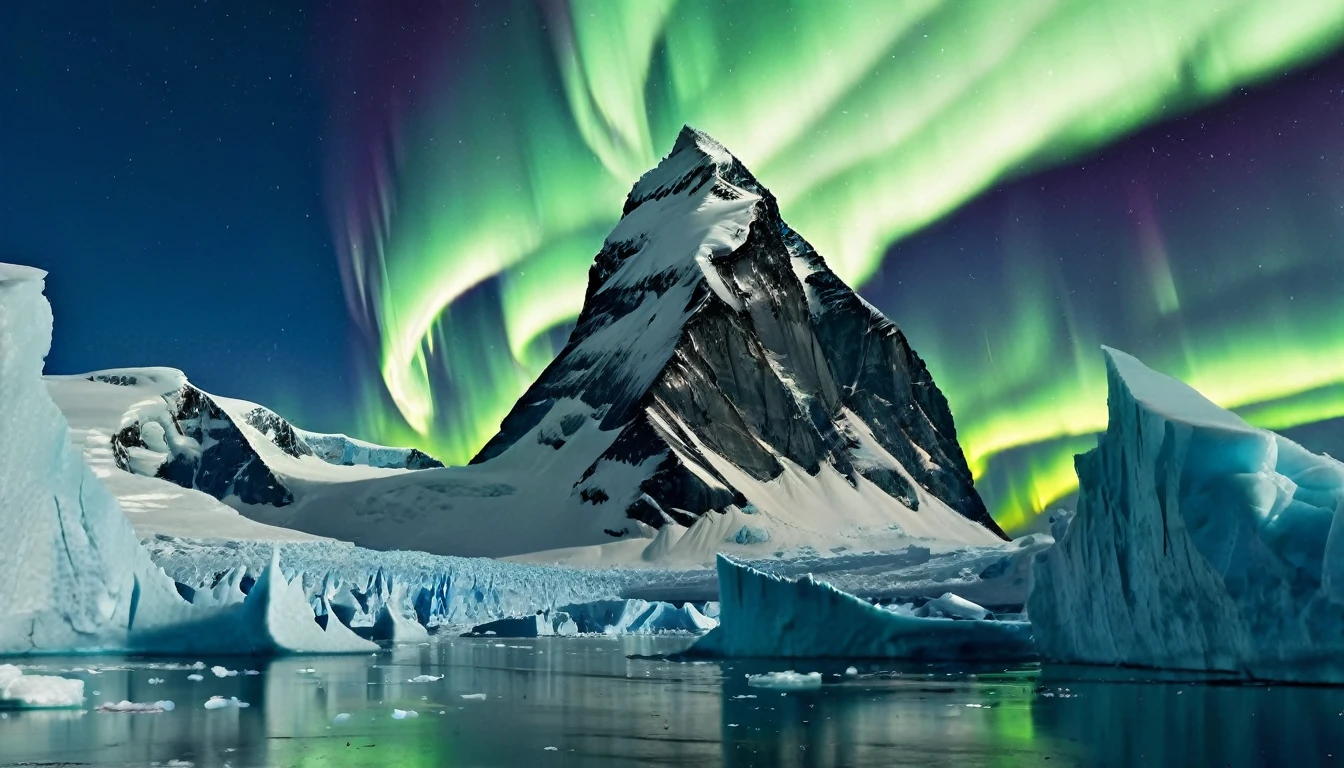 "Generates an ultra-sharp image of a mysterious landscape in Antarctica. Includes vast glaciers glistening in the moonlight, towering ice mountains, and an aurora borealis in the night sky. Adds an impressive and ancient alien construction half buried in the snow, with alien architecture and dim lights emanating from within. The structure must have an intricate design, with details suggesting advanced technology and unknown origin. Make sure the scene has a mystical and desolate atmosphere, with light and shadow effects that enhance the texture and clarity of ice and snow, while the extraterrestrial construction adds a touch of mystery and fascination."