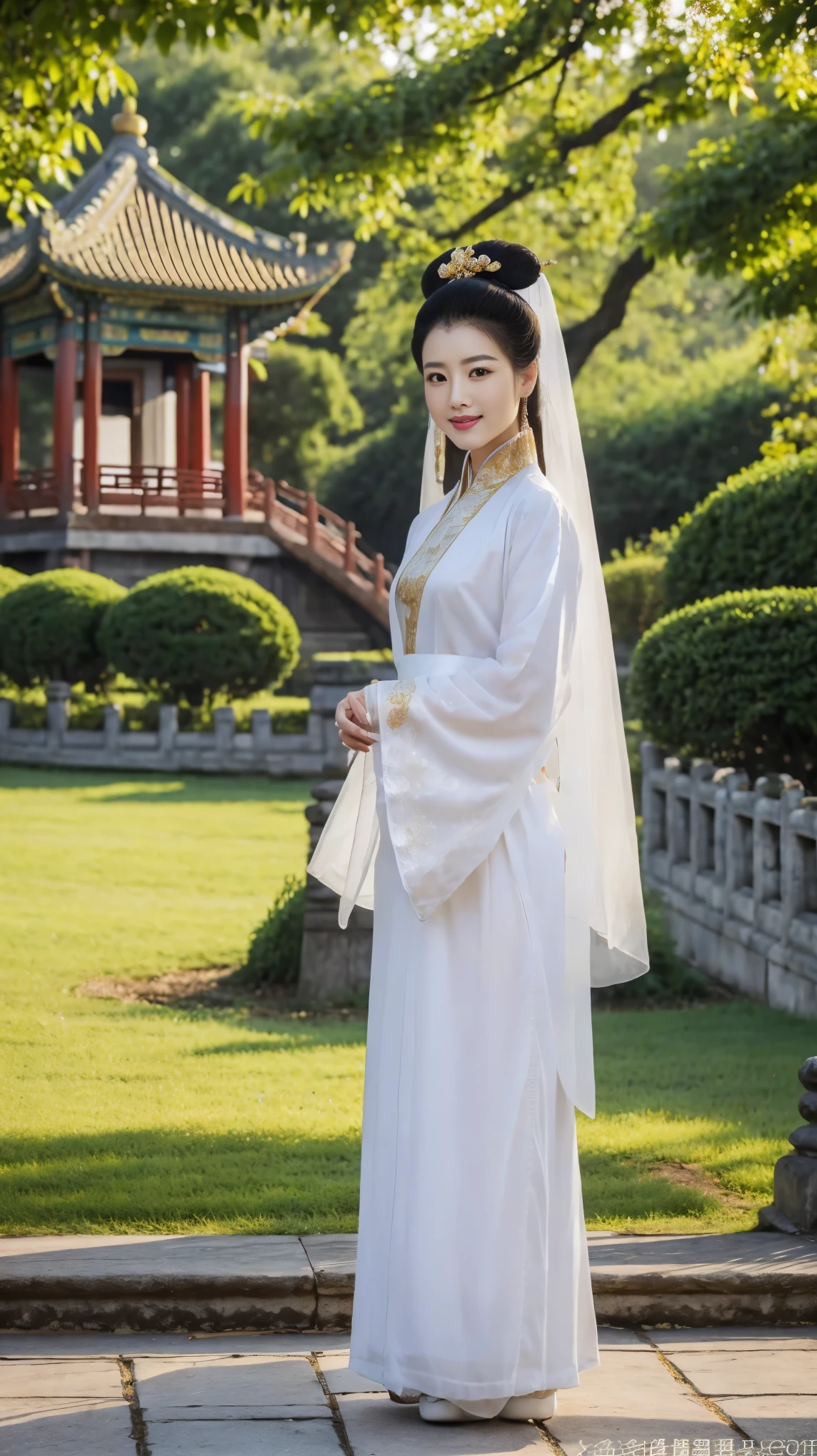 Front view,  standing pose,  Full-body, on palace Garden, Chinese girl, 21 century, looking at viewer, beautiful Chinese  Young General, 26 years old, (Highly detailed face, Ordinary eyes,  Tapered eyebrows, Brown  eye, Variegated eyes, Fuller lips, little Lips, smile),(gold earning, white pearl neck less ),on ground, 
 ancient Chinese shoes,  sunset ,(masterpiece, Highest quality, masterpiece, God-like quality, Godly art, , Very realistic)