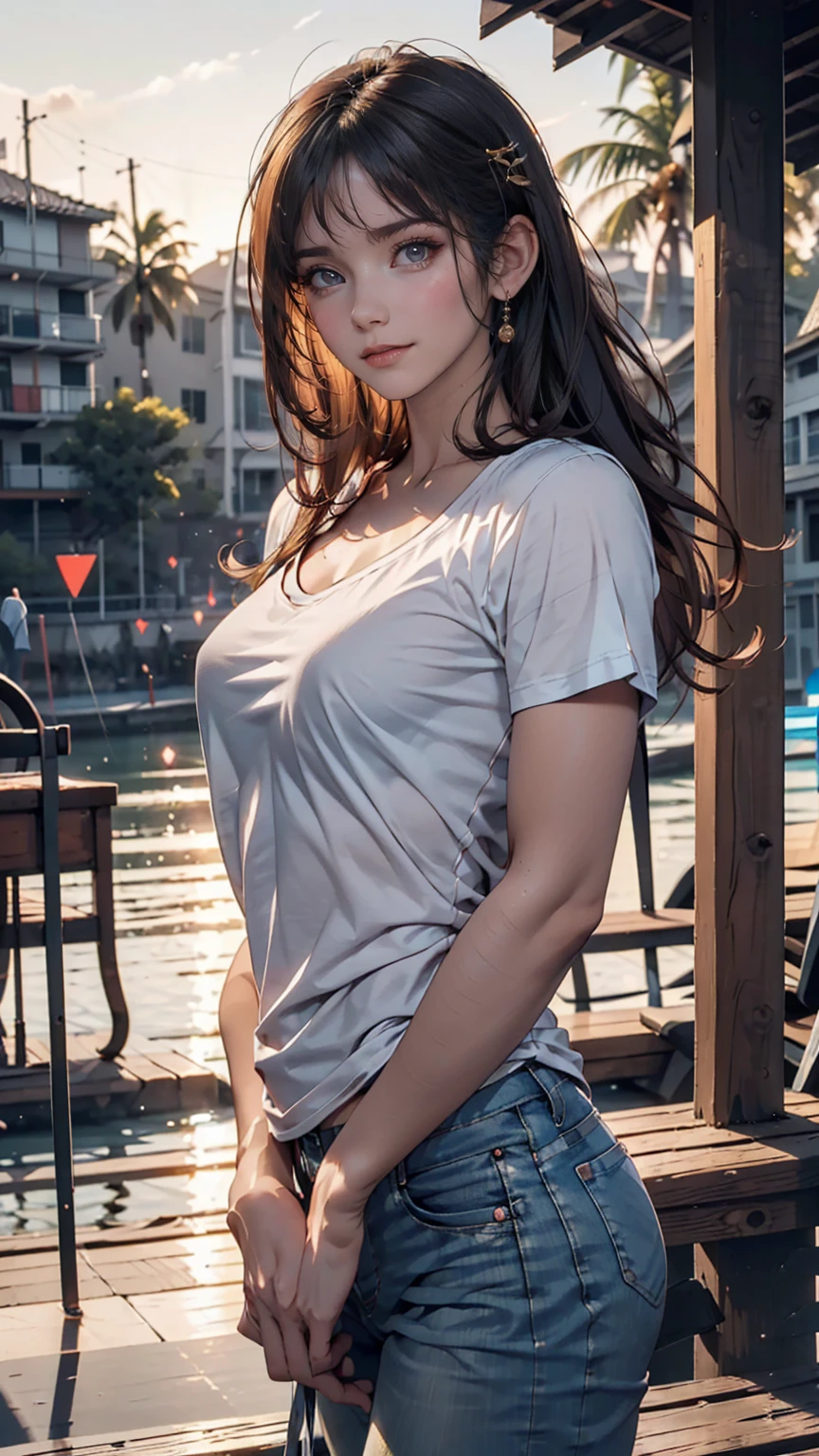 (8k, RAW photograph, Highest quality, masterpiece:1.3),(Genuine,photograph:1.37),(Looking at the audience:1.331),(Black Hair),Pause,Beachfront,Morning view,sunrise,sunny,One girl,Very beautiful face,small,Hands down,Pony Hairstyle,Hair weight,Fluffy hair,Shoulder length,Straight hair,Random representation,Smile with the corners of your mouth,Big eyes,(T-Shirts,Round Collar,Short sleeve,Opaque color,Shirt color),(Wear pants),Mix 4,Hair accessories are not permitted,Highest quality Hair