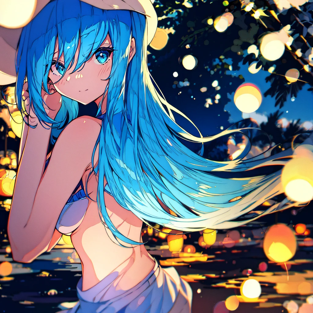 Summer night, woman with light blue hair