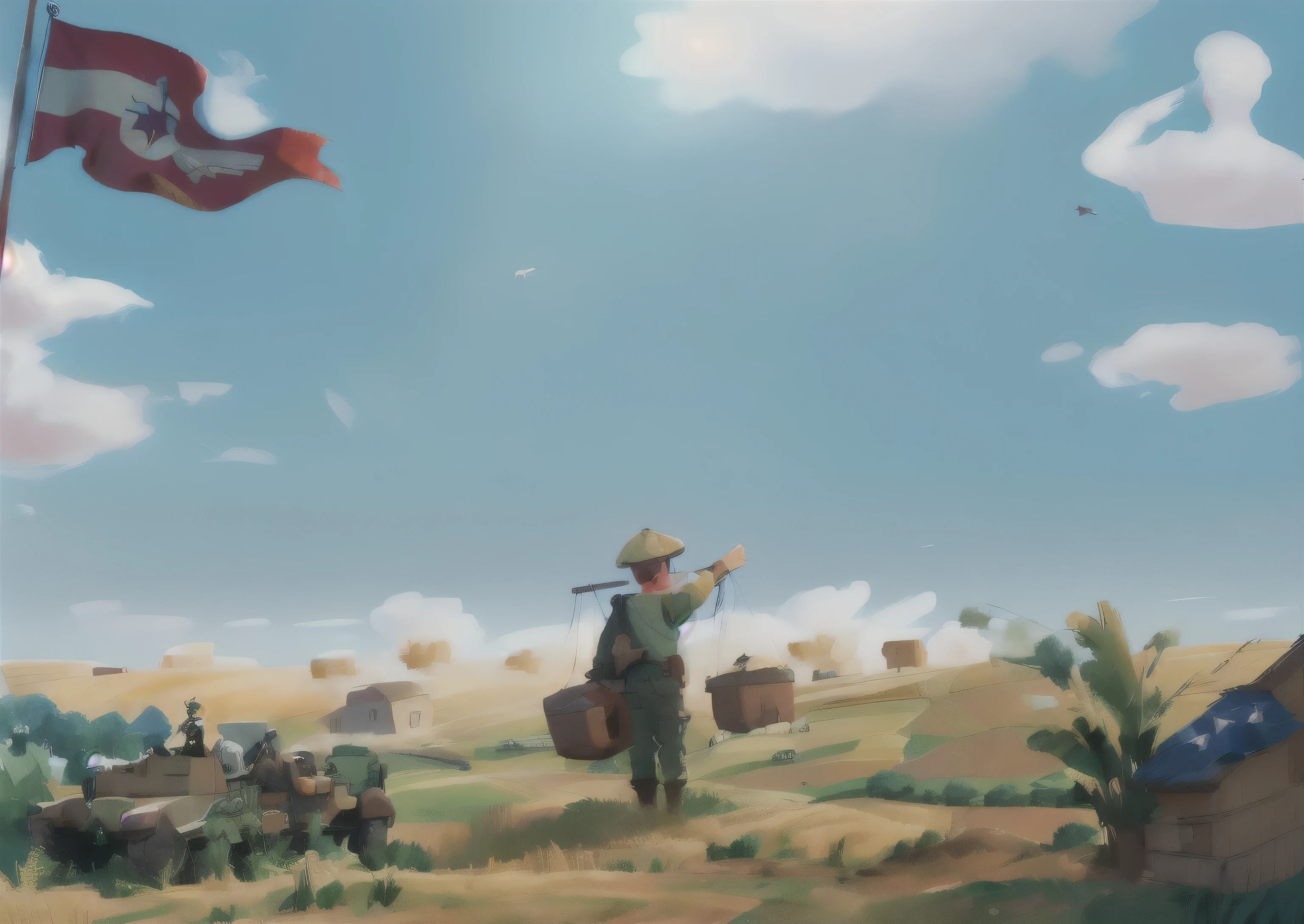 A comic book poster，There is sky，There is a flag in the upper left corner，There is a soldier saluting in the upper right corner，There are rural fields below，Farmers working hard in the fields，The picture is rich in detail