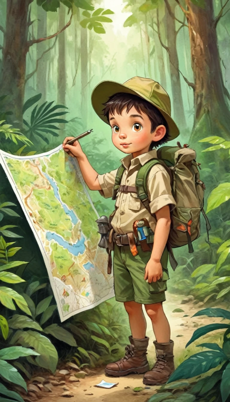 Little Jungle Explorer,Map at hand,Check the map,Adventurer,forest