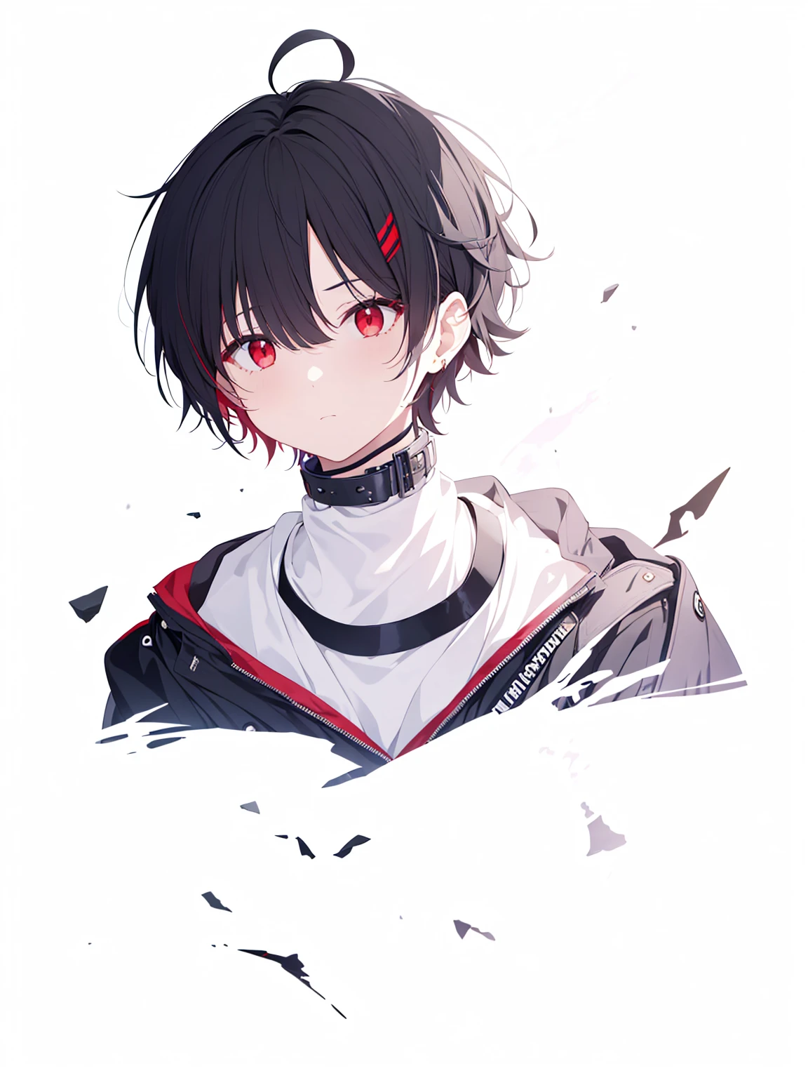 solo,1boy,black hair, red eyes, short haicut,balck jacket, messy hair, cow lick, ahoge , messy bangs bangs ,