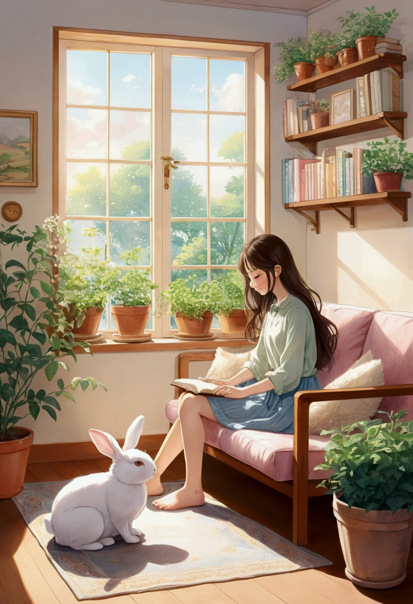 Soft and gentle anime style illustration。a young woman with long hair、I'm sitting on a comfortable sofa in a sunny room.。On her knees、A fluffy white rabbit curled up comfortably、She is gently stroking the rabbit。The room is decorated in pastel colors.、There are potted plants and a bookshelf lined with colorful books.、There is a calm atmosphere in the air。The sunlight streaming in through the window casts a warm golden glow.、It creates a peaceful and heartwarming scene.。The line art is simple and clean.、It is painted with soft watercolor-like colors.、Reminiscent of Studio Ghibli style。