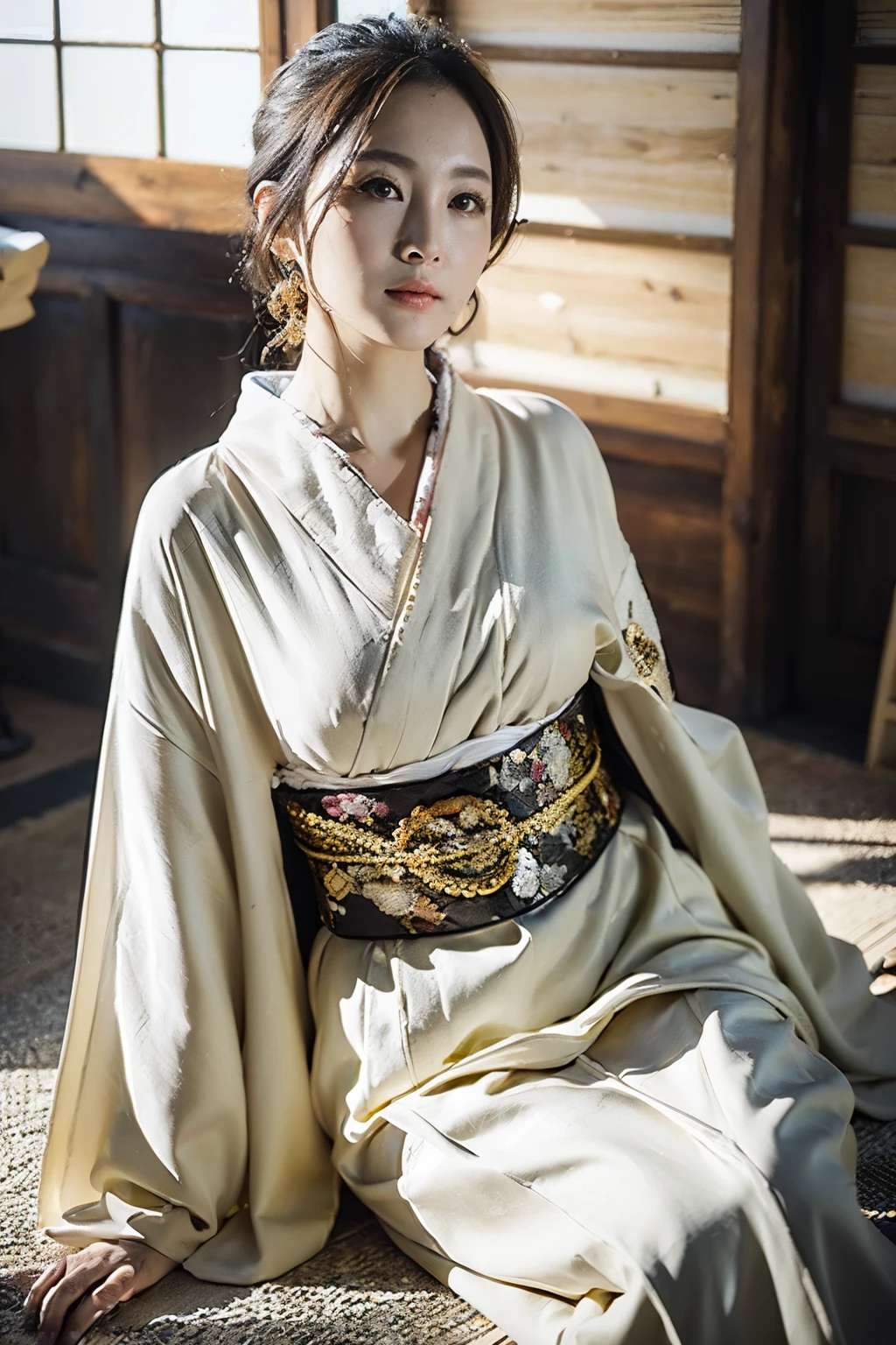 elegant, Dignified and beautiful mature woman sitting in kimono、44 years old、Classy makeup、maternal、Sitting, RAW Photos, (8k、Highest quality、masterpiece:1.2)、(Intricate details:1.4)、(Photorealistic:1.4)、Octane Rendering、Complex 3D rendering with ultra-detail, Studio Soft Light, Rim Light, Vivid details, Super Detail, Realistic skin texture, Detailed aspect, Beautiful details in the eyes, Highly detailed CG Unity 16k wallpaper, compensate, (Detailed Background:1.2), Glowing Skin、