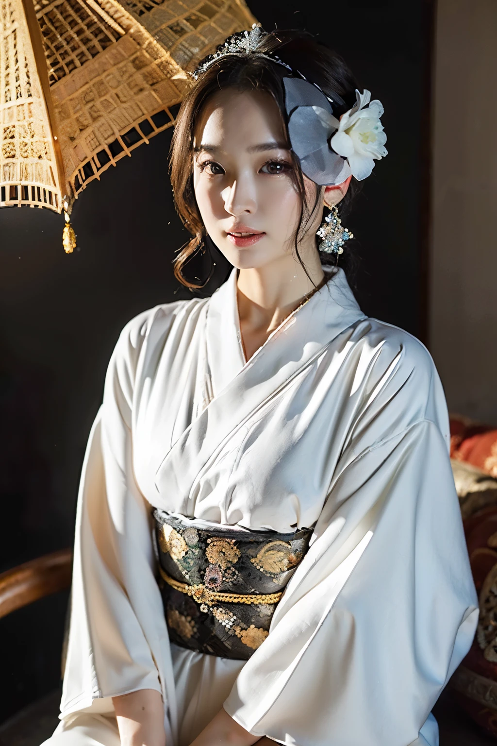 elegant, Dignified and beautiful mature woman sitting in kimono、44 years old、Classy makeup、maternal、Sitting, RAW Photos, (8k、Highest quality、masterpiece:1.2)、(Intricate details:1.4)、(Photorealistic:1.4)、Octane Rendering、Complex 3D rendering with ultra-detail, Studio Soft Light, Rim Light, Vivid details, Super Detail, Realistic skin texture, Detailed aspect, Beautiful details in the eyes, Highly detailed CG Unity 16k wallpaper, compensate, (Detailed Background:1.2), Glowing Skin、