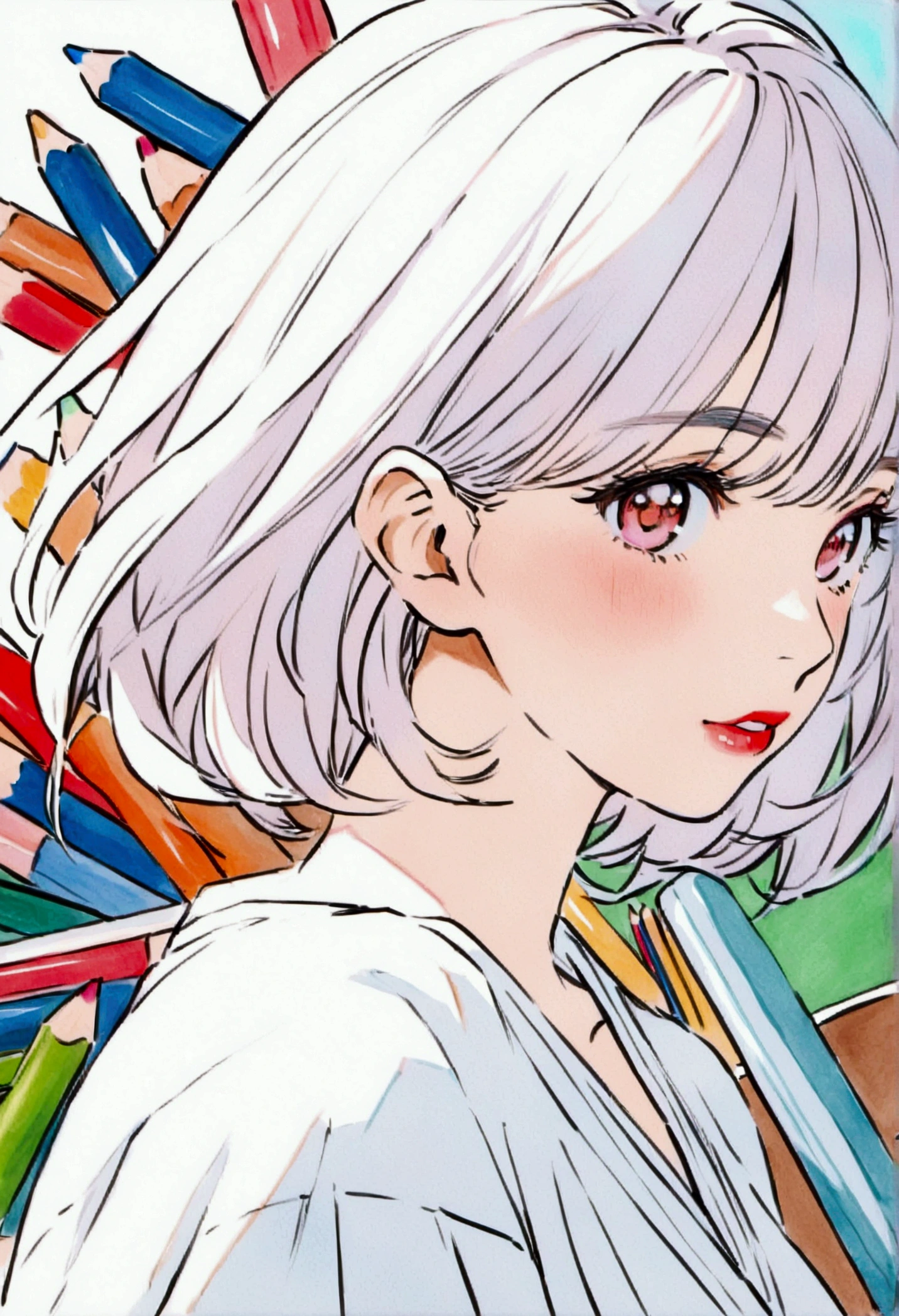 Woman in a white dress, close-up, colored pencils, summer, nostalgic, Kyoto