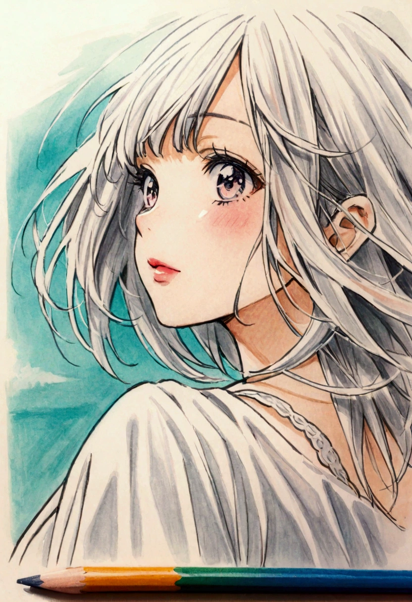 Woman in a white dress, close-up, colored pencils, summer, nostalgic, Kyoto