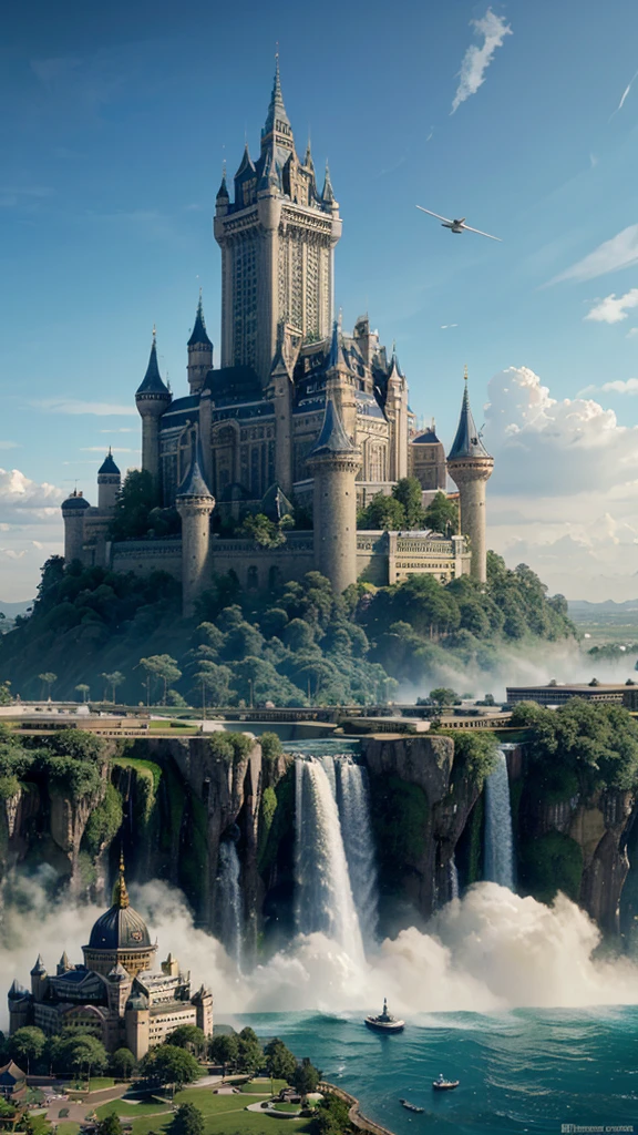 Huge castles and skyscrapers floating in the sky Cyberpunk Isekai Fantasy Top Quality Ultra High Definition Utopia 8K Giant Waterfall Mother Nature