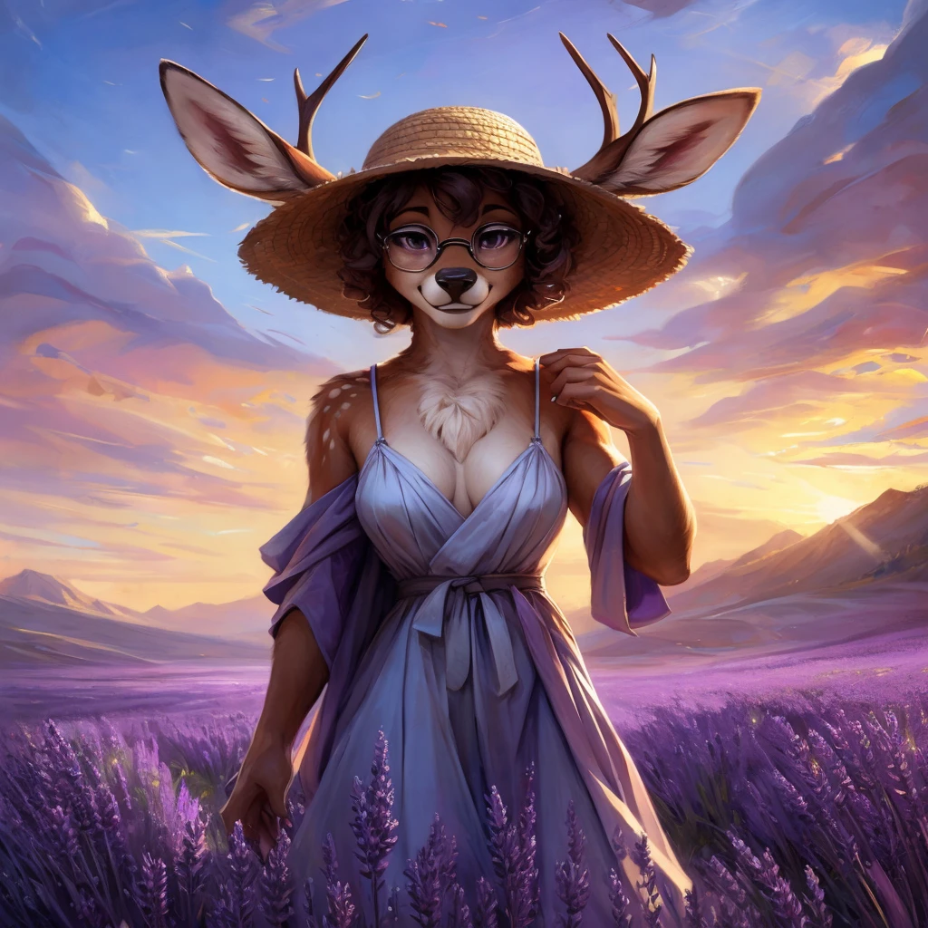 uploaded on e621, artstation, by Pixelsketcher, by Bayard Wu, by Thomas Benjamin Kennington , by Einshelm, by hioshiru and kenket, Chunie, portrait, solo anthro female deer doe, with small featureless breasts, clear dark blue, cinematic lighting, day, sunny day, lavender field, stays in a lavender field, lavender field background, mediterranean background, horizon background, shiny, short curly dark brown hair, wears big black nerd glasses, very very beautiful furry art, furry art, smiling, joyful, shiny, happy, feminine, cute face, muzzle, fluffy chest, flawless face, Fallow deer, 1girl, Sakimichan is beautiful, Masterpiece, Wavethesallow Face, shiny, Detailed image, portrait, Detailed image, portrait, full body, wearing pure white and wide spaghetti straps dress, wearing big and wide beige summer straw hat, shiny, realistic face, perfect anatomy, hourglass body, (furry body:1.1), anthropomorphic deer, looks at the viewer, small fluffy tail, detailed background, (cute anatomy:1.1), walks in a lavender field
