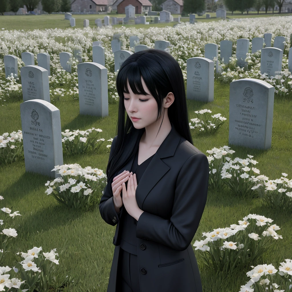 At dusk, in a quiet countryside village, a beautiful black-haired woman is praying at a grey grave. She looks sad and is wearing mourning clothes or a black suit. Around the grave, there are many white flowers blooming. In an anime style --v 6.0 --with 16:9 --s 750 high resolution, 最高quality, 高quality, High-resolution model, quality, Very detailed, Ultra high definition, Close your mouth, tears, tears, Are crying, Cry with your eyes open,
