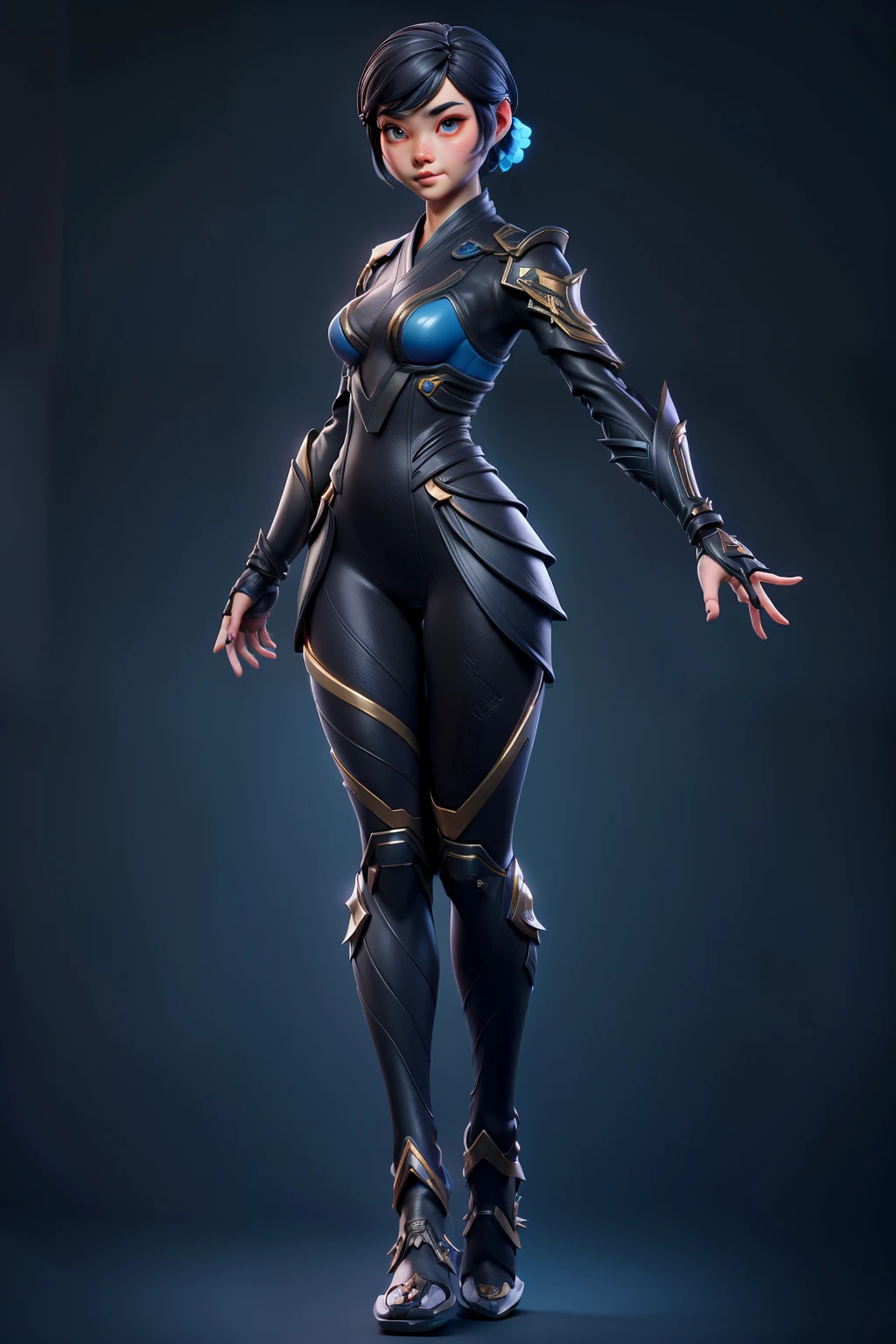 solo, super fine photo, full body digital art Unreal Engine 5 8K UHD of a girl, concept art, character concept design, wearing black tight bodysuit with blue kimono outwear with Japanese details, metallic armor details, arms armor, Japanese short hair, best quality, masterpiece, super detailed, sharp focus, female pose
