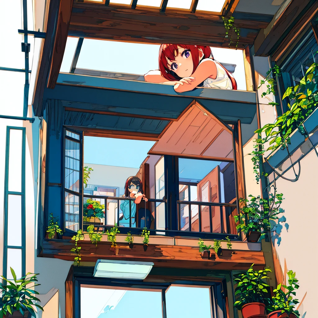 White background, windowsill, woman looking at a flowerpot