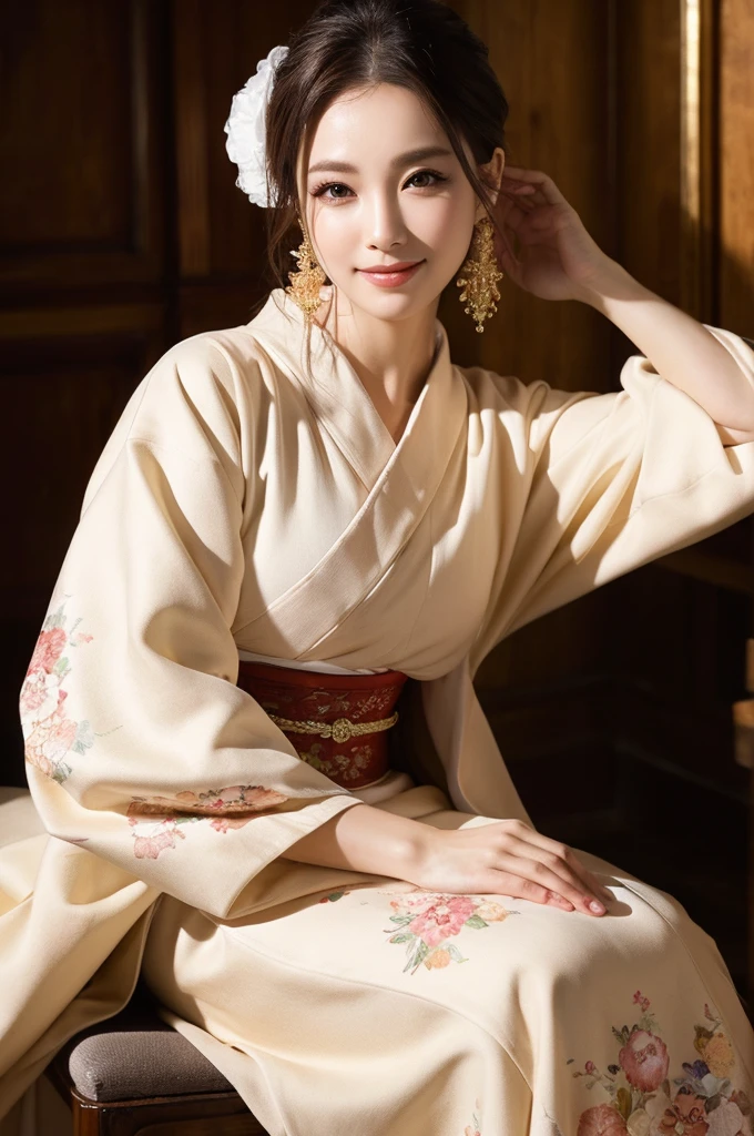 ((masterpiece, Highest quality)), elegant, Dignified and beautiful mature woman sitting in kimono、44 years old、Classy makeup、maternal、A smile full of love、Sitting, RAW Photos, (8k、Highest quality、masterpiece:1.2)、(Intricate details:1.4)、(Photorealistic:1.4)、Octane Rendering、Complex 3D rendering with ultra-detail, Studio Soft Light, Rim Light, Vivid details, Super Detail, Realistic skin texture, Detailed aspect, Beautiful details in the eyes, Highly detailed CG Unity 16k wallpaper, compensate, (Detailed Background:1.2), Shiny skin、
