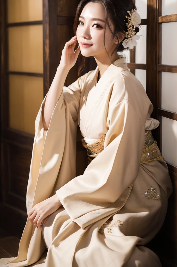 ((masterpiece, Highest quality)), elegant, Dignified and beautiful mature woman sitting in kimono、44 years old、Classy makeup、maternal、A smile full of love、Sitting,　　　　RAW Photos, (8k、Highest quality、masterpiece:1.2)、(Intricate details:1.4)、(Photorealistic:1.4)、Octane Rendering、Complex 3D rendering with ultra-detail, Studio Soft Light, Rim Light, Vivid details, Super Detail, Realistic skin texture, Detailed aspect, Beautiful details in the eyes, Highly detailed CG Unity 16k wallpaper, compensate, (Detailed Background:1.2),　Shiny skin、