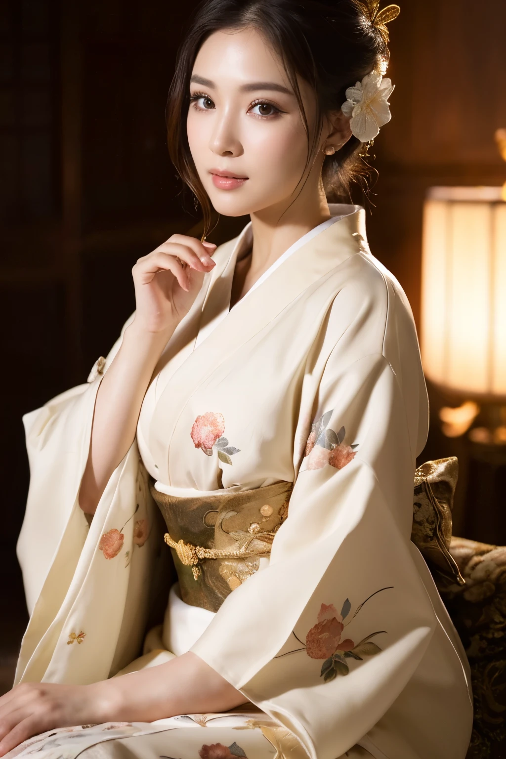 ((masterpiece, Highest quality)), elegant, Dignified and beautiful mature woman sitting in kimono、44 years old、Classy makeup、maternal、Sitting,　　　　RAW Photos, (8k、Highest quality、masterpiece:1.2)、(Intricate details:1.4)、(Photorealistic:1.4)、Octane Rendering、Complex 3D rendering with ultra-detail, Studio Soft Light, Rim Light, Vivid details, Super Detail, Realistic skin texture, Detailed aspect, Beautiful details in the eyes, Highly detailed CG Unity 16k wallpaper, compensate, (Detailed Background:1.2),　Glowing Skin、