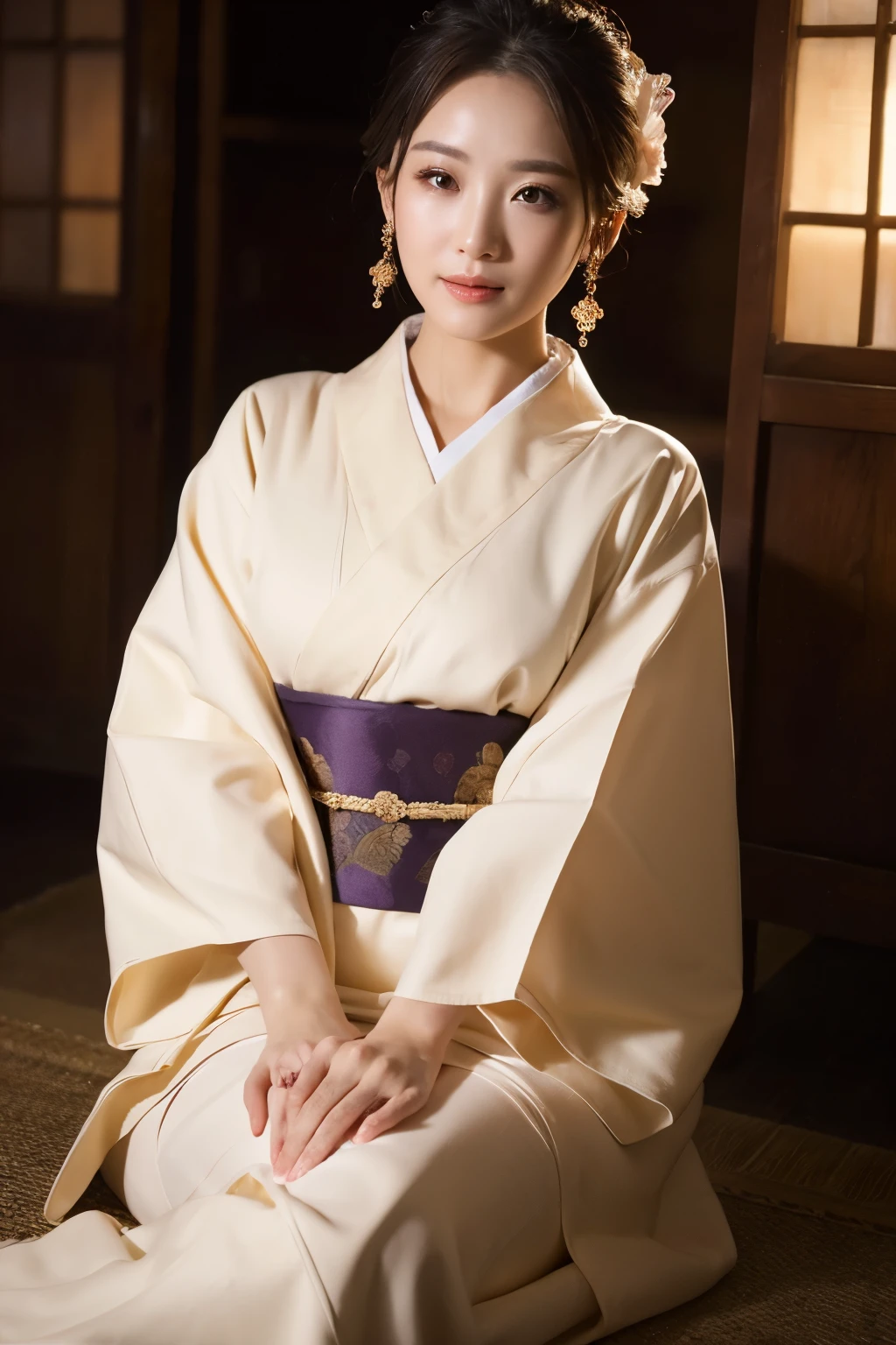 ((masterpiece, Highest quality)), elegant, Dignified and beautiful woman sitting in kimono、44 years old、Classy makeup、maternal、Sitting, RAW Photos, (8k、Highest quality、masterpiece:1.2)、(Intricate details:1.4)、(Photorealistic:1.4)、Octane Rendering、Complex 3D rendering with ultra-detail, Studio Soft Light, Rim Light, Vivid details, Super Detail, Realistic skin texture, Detailed aspect, Beautiful details in the eyes, Highly detailed CG Unity 16k wallpaper, compensate, (Detailed Background:1.2), Glowing Skin、