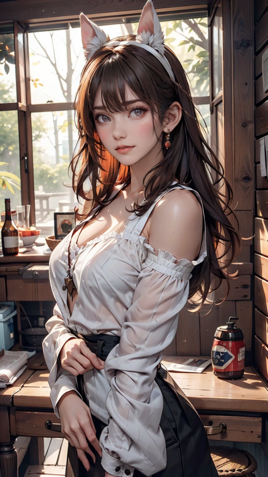 Ellis greyrat, One girl, alone, Long Hair, Ahoge, Red eyes, Redhead, Exposing shoulders,hair band, Arms crossed,blush, skirt, black hair band, chest, Removable sleeves,bangs, Hair between the eyes, Long sleeve, Hair flap, Mouth closed, black skirt, brown skirt, shirt, crossed bangs, very Long Hair, white shirt,Biomes,Point to yourself,shout,anger,