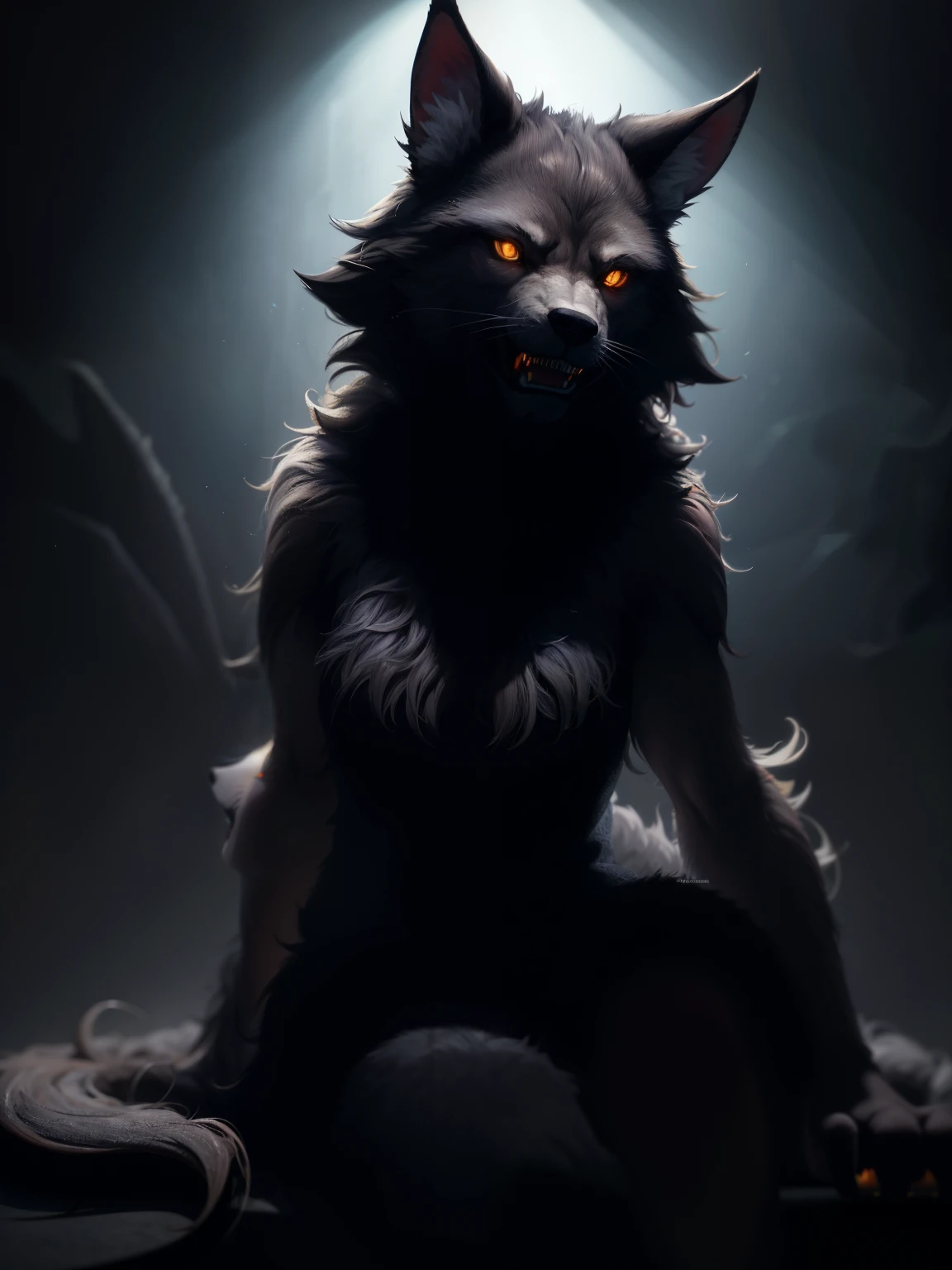 Create ultra-detailed, best quality, High-resolution masterpiece,Depicts a werewolf in the dark,Glowing white eyes and fangs, High quality shadows, lifelike,Background is a dark forest