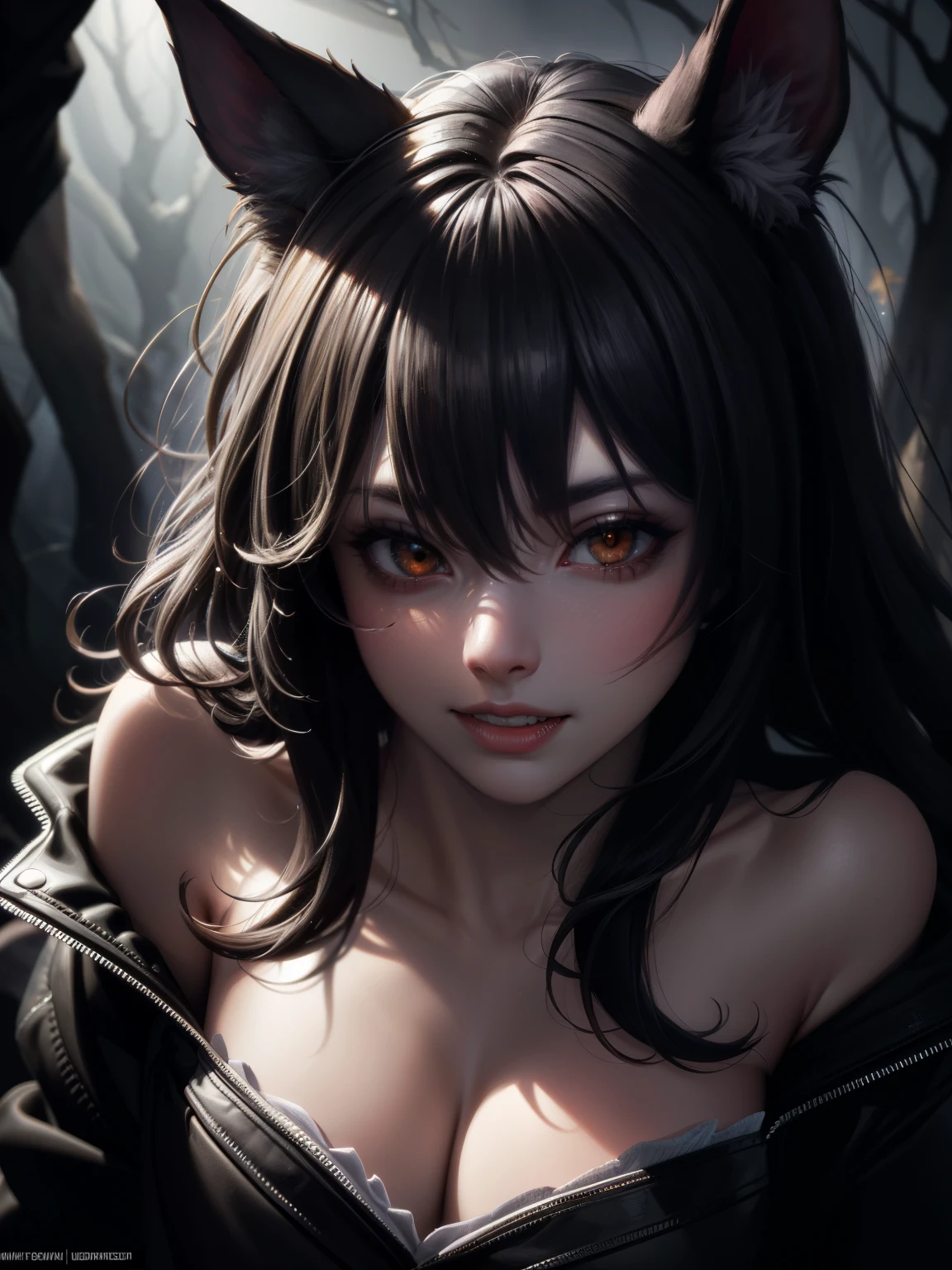 Create ultra-detailed, best quality, High-resolution masterpiece,Depicts a werewolf in the dark,Glowing white eyes and fangs, High quality shadows, lifelike,Background is a dark forest