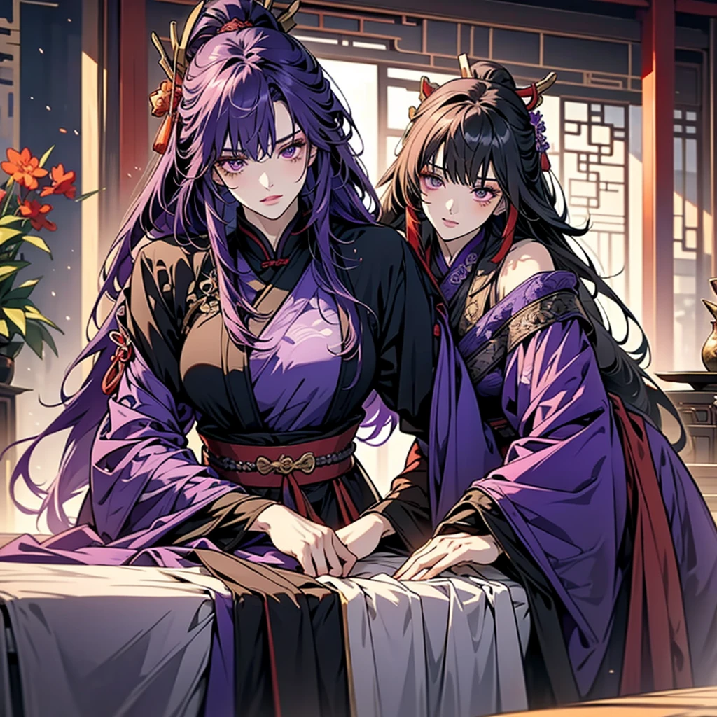 1 women, Raiden Shogun - genshin impact, long purple hair, violet eyes, violet chinese clothes, ultra long skirt, sitting at a table in chinese room