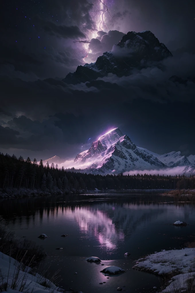 snowy mountains, utopian Swamp, forest, water, small island, realistic, Opaque area in the lower part of the image, Lightning strike, Beautiful purple light fills the entire image., shining utopian galaxy, utopia, dream world realistic, utopian chaos, apocalypse, chaos, big chaos