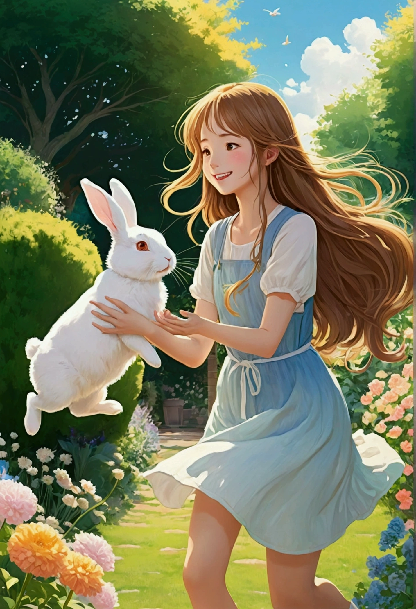 Soft and gentle anime style illustration。a young woman with long hair、Playing with a fluffy white rabbit in a sunny garden。She laughed.、Reaching out to the rabbit that is hopping around energetically。The garden is surrounded by colorful flowers and lush plants.、Blue sky is spreading。The sunlight casts a warm golden glow、Creating a vibrant and fun atmosphere。The line art is simple and clean.、It is painted with soft watercolor-like colors.、Reminiscent of Studio Ghibli style。