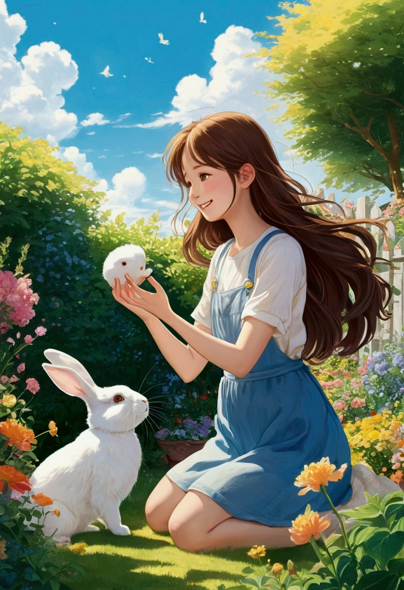Soft and gentle anime style illustration。a young woman with long hair、Playing with a fluffy white rabbit in a sunny garden。She laughed.、Reaching out to the rabbit that is hopping around energetically。The garden is surrounded by colorful flowers and lush plants.、Blue sky is spreading。The sunlight casts a warm golden glow、Creating a vibrant and fun atmosphere。The line art is simple and clean.、It is painted with soft watercolor-like colors.、Reminiscent of Studio Ghibli style。