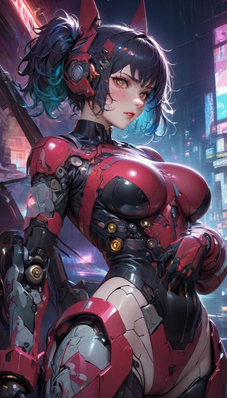 best quality,4k,8k, highres, masterpiece:1.2), extremely detailed eyes, extremely detailed body, (large masterpiece digital art), (detailed manga illustration), (detailed line art), ((perfect anatomy)), (intricate details:1.3), (ultra-detailed:1.3), (illustration:1.3), (sharp focus:1.3), (natural lighting:1.05), (vivid colors:1.3), (masterpiece), (best quality:1.4), (perfect anatomy:1.4), high quality, expressive eyes, full body, tall girl, detailed face, beautiful face, perfect face, breasts, gloves, large breasts, cyberpunk, (black armor), mystic red armor, short hair, ((pale skin)), messy hair, detailed ((dark blue hair)), (honeydew hair), multicolored hair, two-toned hair, detailed eyes, (amber eyes), hourglass physique, mecha musume, fortified suit, mechanical parts, headgear, robot joints, bodysuit, deva battle suit, gloves, thick thighs, toned, emblem, superhero, dynamic lighting, 4k resolution, dynamic pose, weapon, energy weapon portrait, Jeff Bridges, ((cartoon style)), Marvel Cinematic Universe style, (((alien city in the background))), soft bokeh of futuristic city, Atey Ghailan, Jeremy Mann, Greg Manchess, Antonio Moro, trend in ArtStation, trend in CGSociety, Intricate, High Detail, Sharp focus, dramatic and photorealistic painting art by Midjourney and Greg Rutkowski, bokeh in the background