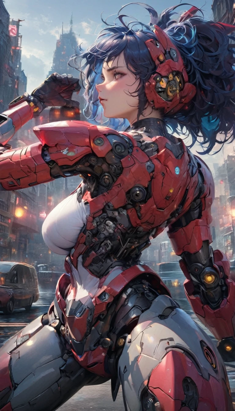 best quality,4k,8k, highres, masterpiece:1.2), extremely detailed eyes, extremely detailed body, (large masterpiece digital art), (detailed manga illustration), (detailed line art), ((perfect anatomy)), (intricate details:1.3), (ultra-detailed:1.3), (illustration:1.3), (sharp focus:1.3), (natural lighting:1.05), (vivid colors:1.3), (masterpiece), (best quality:1.4), (perfect anatomy:1.4), high quality, expressive eyes, full body, tall girl, detailed face, beautiful face, perfect face, breasts, gloves, large breasts, cyberpunk, (black armor), mystic red armor, short hair, ((pale skin)), messy hair, detailed ((dark blue hair)), (honeydew hair), multicolored hair, two-toned hair, detailed eyes, (amber eyes), hourglass physique, mecha musume, fortified suit, mechanical parts, headgear, robot joints, bodysuit, deva battle suit, gloves, thick thighs, toned, emblem, superhero, dynamic lighting, 4k resolution, dynamic pose, weapon, energy weapon portrait, Jeff Bridges, ((cartoon style)), Marvel Cinematic Universe style, (((alien city in the background))), soft bokeh of futuristic city, Atey Ghailan, Jeremy Mann, Greg Manchess, Antonio Moro, trend in ArtStation, trend in CGSociety, Intricate, High Detail, Sharp focus, dramatic and photorealistic painting art by Midjourney and Greg Rutkowski, bokeh in the background