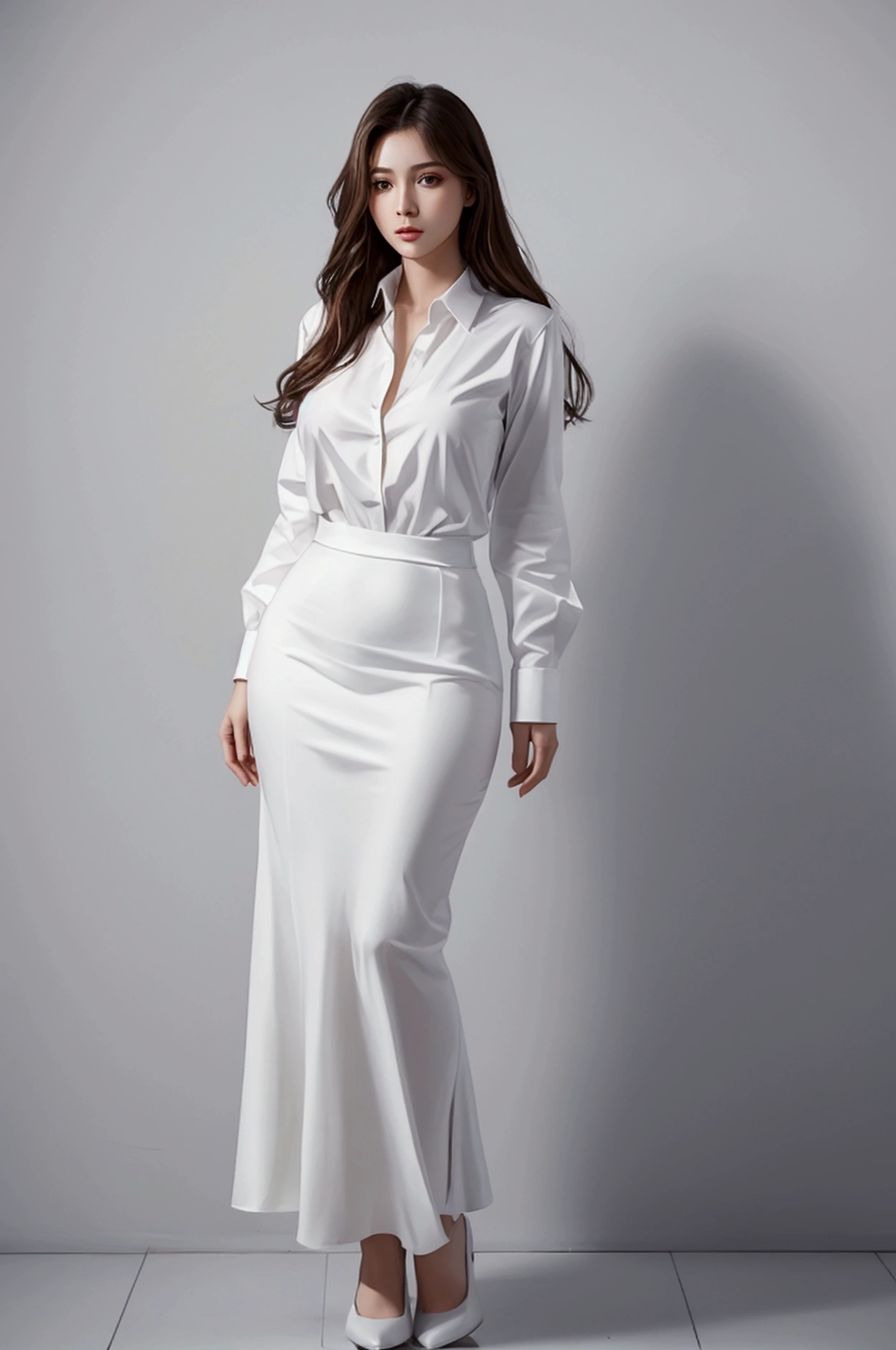 A beautiful woman, Wearing a white shirt, Full body portrait, beautiful perfect face perfect face, Surreal concept, 8K resolution, Photographic quality, Posing for photos, Photo-realistic,