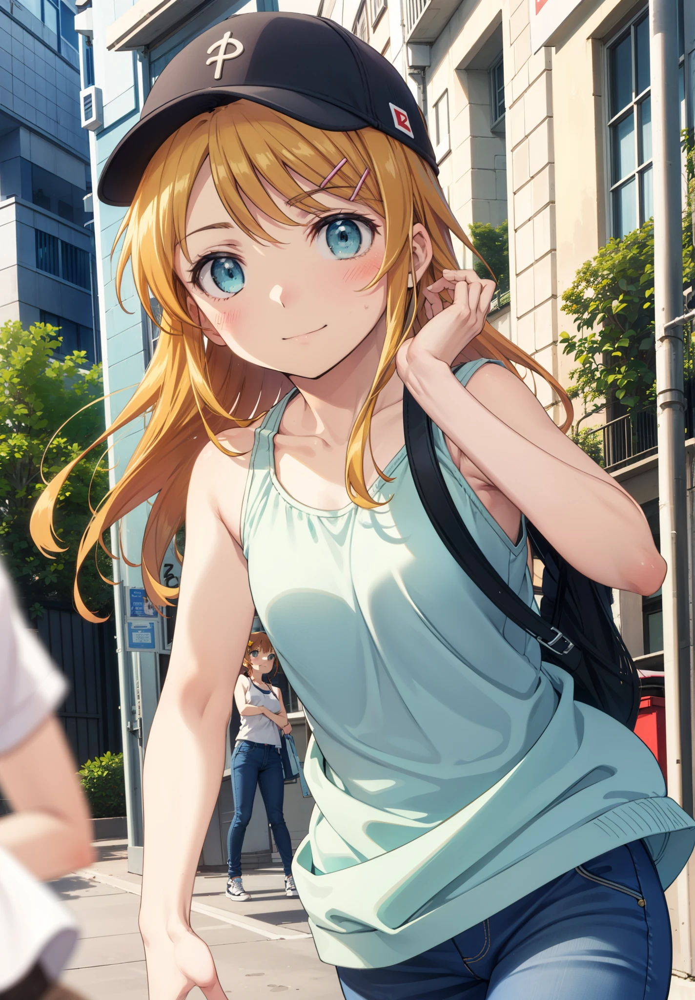 kirinokousaka, kirino kousaka, Long Hair, blue eyes, hair ornaments, Hair Clip, Orange Hair, Aqua Eye,Baseball hats,Tank top,Short denim,barefoot,sneakers,True Summer,Clear skies,Daytime,Walking,smile,blush,Palm tree,whole bodyがイラストに入るように,
break indoors, tropical,Building district,
break looking at viewer, whole body,
break (masterpiece:1.2), Highest quality, High resolution, unity 8k wallpaper, (figure:0.8), (Beautiful attention to detail:1.6), Highly detailed face, Perfect lighting, Highly detailed CG, (Perfect hands, Perfect Anatomy),