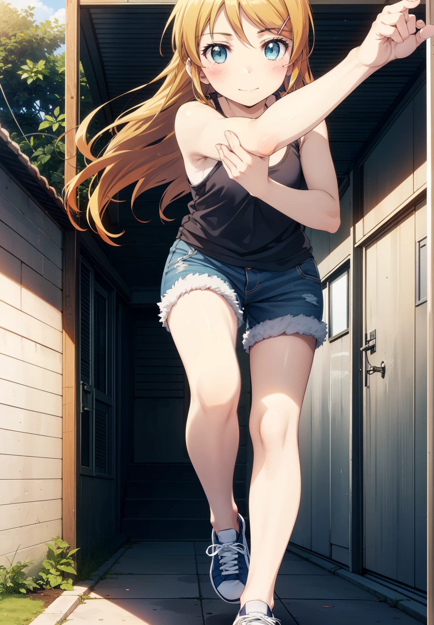 kirinokousaka, kirino kousaka, Long Hair, blue eyes, hair ornaments, Hair Clip, Orange Hair, Aqua Eye,Baseball hats,Tank top,Short denim,barefoot,sneakers,True Summer,Clear skies,Daytime,Walking,smile,blush,Palm tree,whole bodyがイラストに入るように,
break indoors, tropical,Building district,
break looking at viewer, whole body,
break (masterpiece:1.2), Highest quality, High resolution, unity 8k wallpaper, (figure:0.8), (Beautiful attention to detail:1.6), Highly detailed face, Perfect lighting, Highly detailed CG, (Perfect hands, Perfect Anatomy),