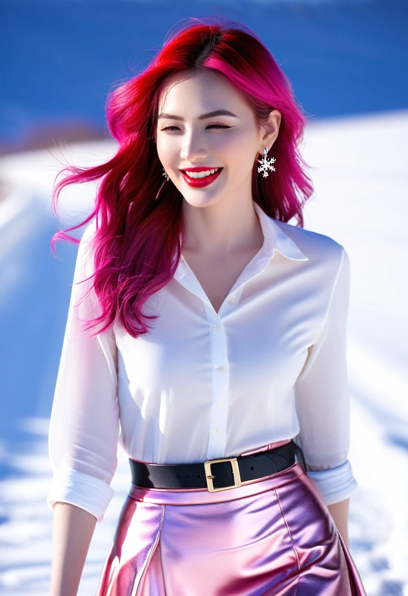 1 girl, model, extremely beautiful, perfect body. Photo taken with Canon EOS R5 85mm f/11 Camera, ((sharp)) mode of people and surrounding scenery. Image quality ((8K)), ((lifelike)), ((masterpiece)), ((sharp and highest contrast)), ((great depth of field)), ((light stereolithography)).
((Pink hair)), ((high-end cosmetic makeup)), ((bright, radiant smile)), ((brilliant glossy red lipstick)), ((Ivory, white skin bright)), detailed pores, ((glossy skin)), ((Light shining directly on the face)), bright sunlight.
Earrings, necklace, belt, ((thin shirt)), ((shiny leather skirt)), high heels, bracelets.
Close-up photo of girl's face, model pose, ((white snow)), cold wind, frost, bitter cold, numbness, ((frozen)), snowflakes, loneliness, fantasy, dream me, waiting, ((hope)).