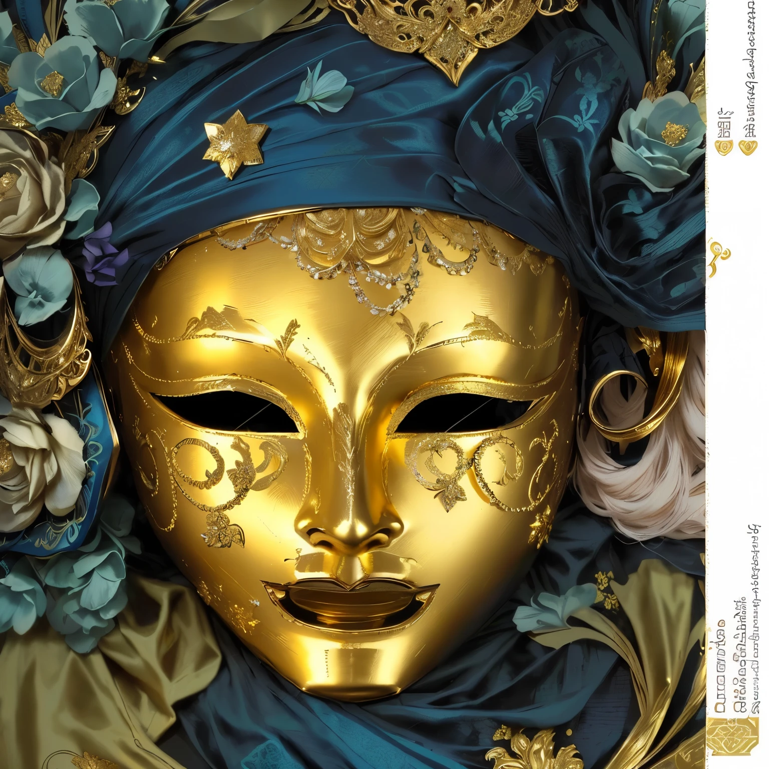 a close up of a gold mask, venetian mask, ornate mask and fabrics, golden mask, masqua, ornate mask, gold mask, carnival mask, masked face, theater mask, detailed mask, mask, ( ( mask ) ), masquerade mask, masked, vega mask, greek mask, intricate mask, white background,