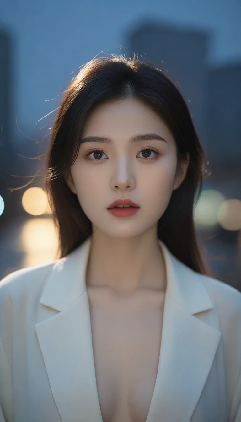 8K, Ultra-high resolution, best quality, masterpiece, Surrealism, photo,Three-Part Approach, 1 girl, (:1.3), pretty girl, Cute face, Beautiful eyes in every detail,(best quality,masterpiece:1.3,In 8K),(Practical:1.4,RAW Shooting,Caustics),of the night city,(heavy rain:1.2),Street Lights,(Street Lightsの光を反射して白く輝く雨粒:1.2),(The woman looked up at the sky),Zhongfa,Sad expression,long coat,Chest shooting,((Thin legs))、A bold gesture,Super cute supermodel、Look closely at the camera,鮮明なdetailed、detailed、Surrealism、Light and Shadow,glare,Fashion magazine cover,Thin lips