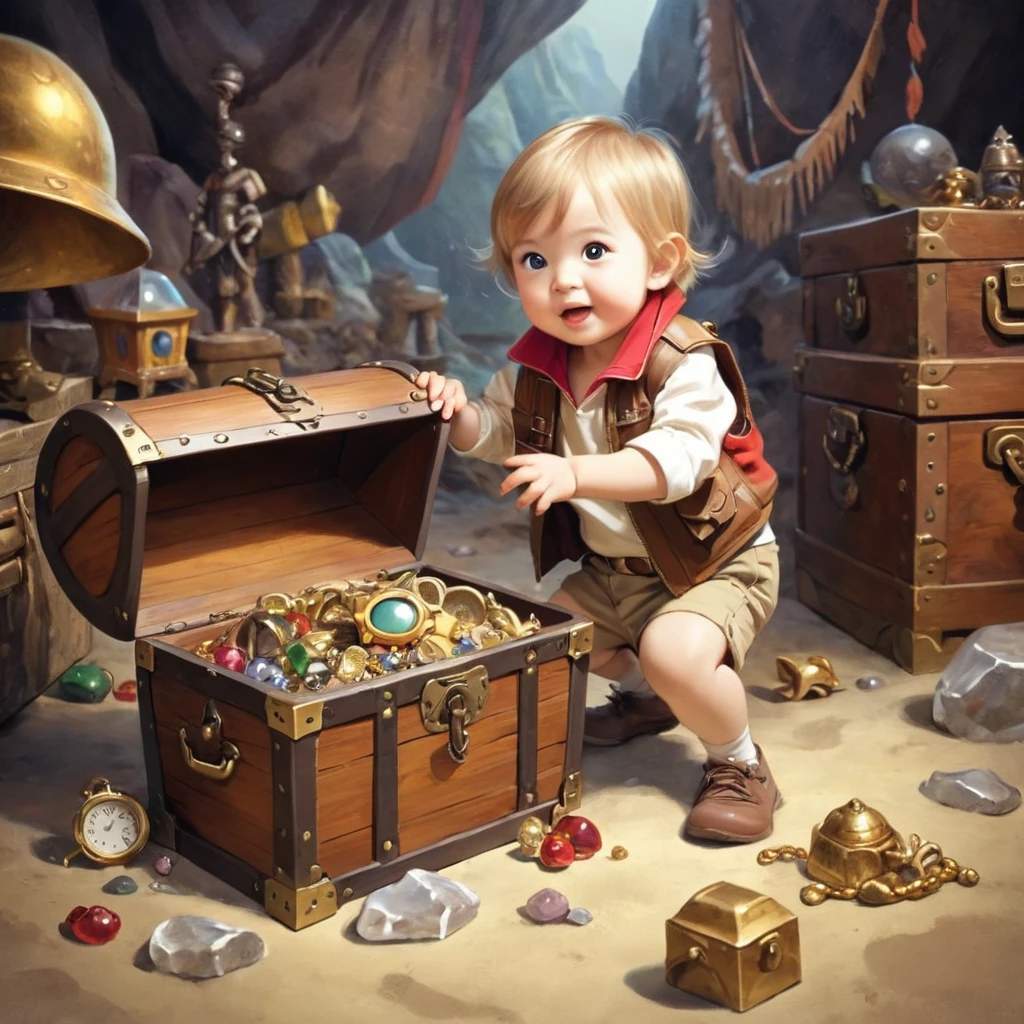 Little explorer，Adventurer、Treasure chest in background、Treasure in the background