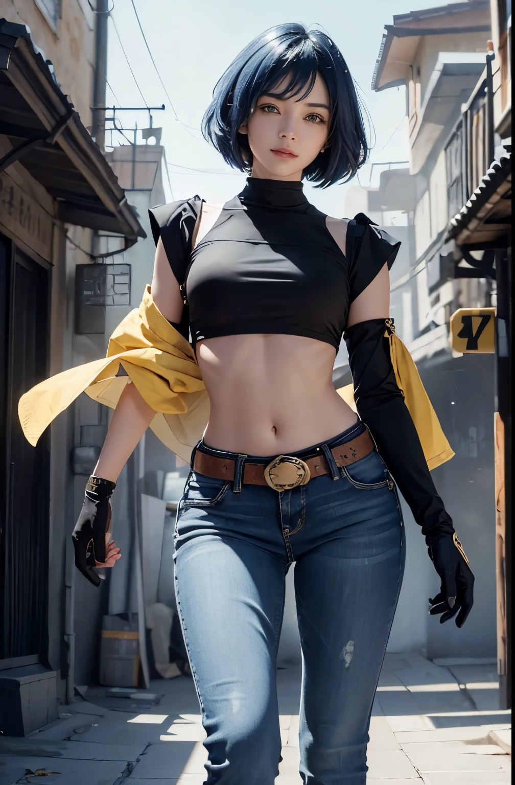 (long sleeved top, long skinny jeans, iron belt), ((midriff, navel)), smile, looking at viewer, plain background, standing, (cinematic lighting, best quality, masterpiece, high details, best quality, highres, HD, 4K, 8k, super detail), best quality, masterpiece, (kujou sara:1.3 mask on head, blue hair, short hair, yellow eyes, gloves)