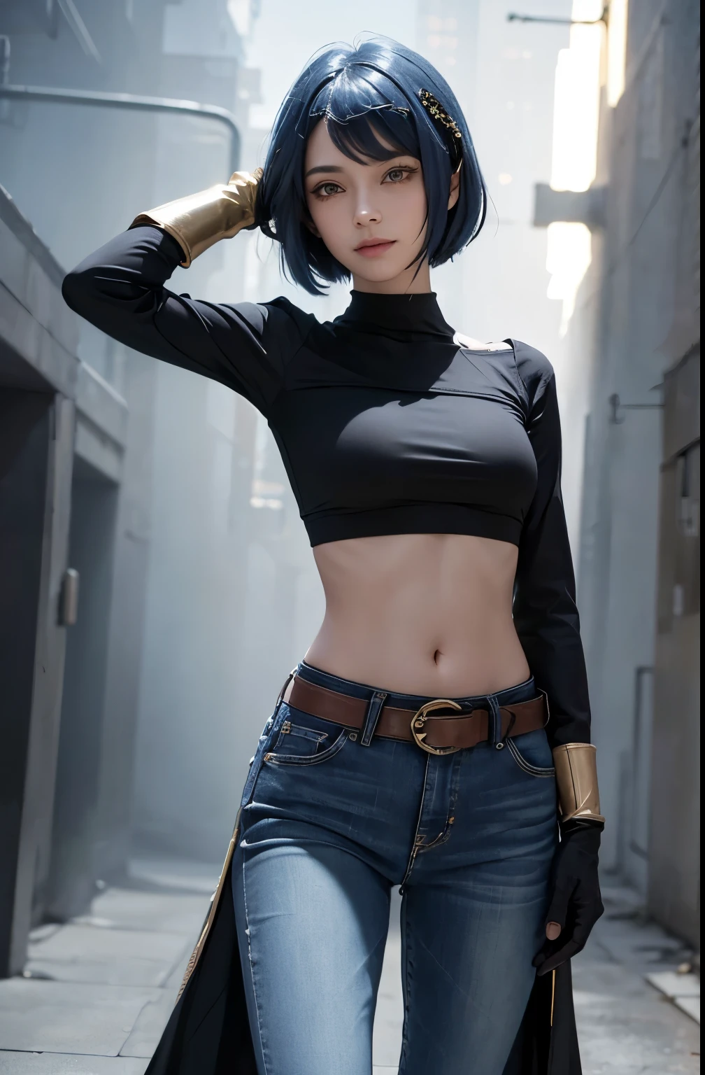 (long sleeved top, long skinny jeans, iron belt), ((midriff, navel)), smile, looking at viewer, plain background, standing, (cinematic lighting, best quality, masterpiece, high details, best quality, highres, HD, 4K, 8k, super detail), best quality, masterpiece, (kujou sara:1.3 mask on head, blue hair, short hair, yellow eyes, gloves)