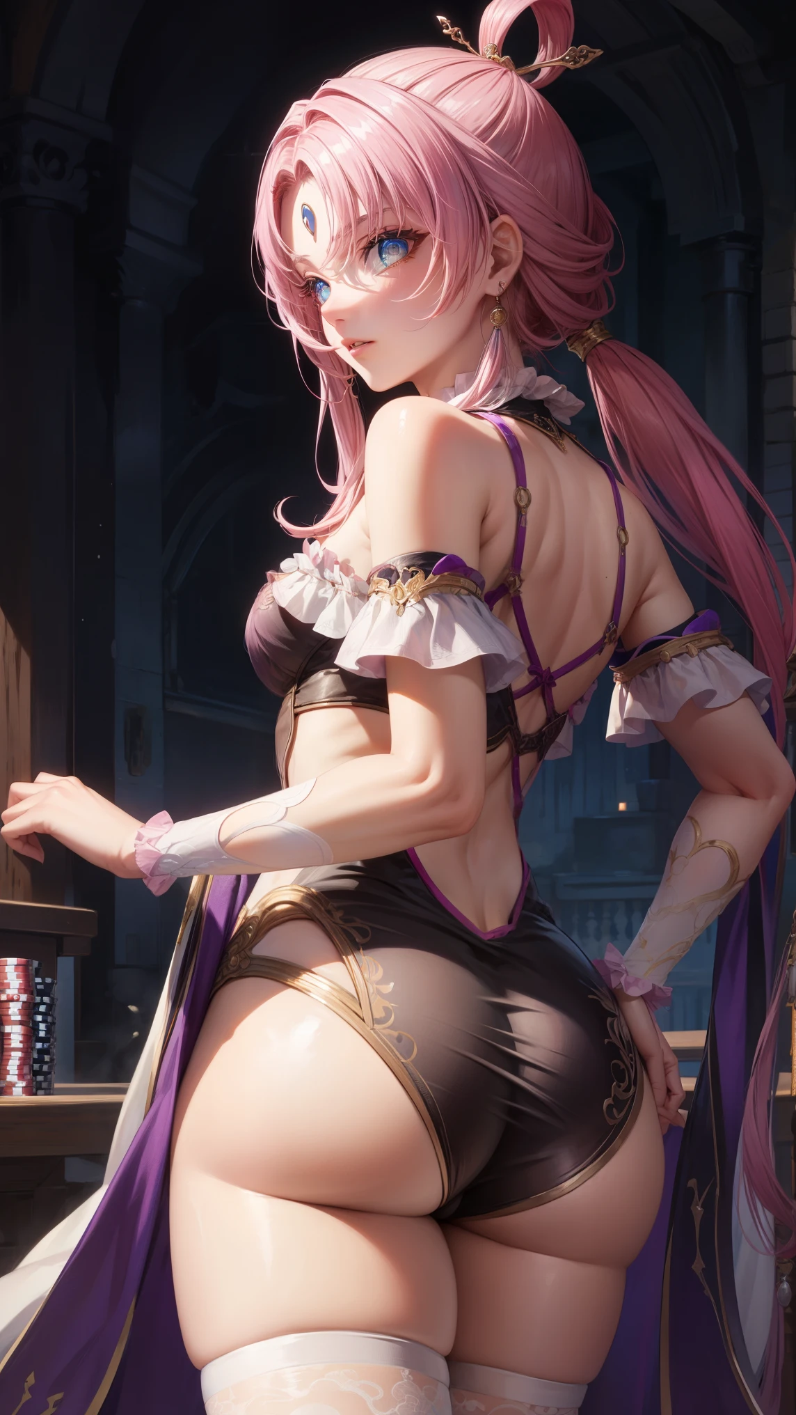 pink eye, pink hair,
BREAK (thigh highs, white thigh highs:1.2)
BREAK casino,
BREAK from back view、Look back with a sideways glance,
BREAK (masterpiece:1.2), best quality, high resolution, unity 8k wallpaper, (illustration:0.8), (beautiful detailed eyes:1.6), extremely detailed face, perfect lighting, extremely detailed CG, (perfect hands, perfect anatomy),