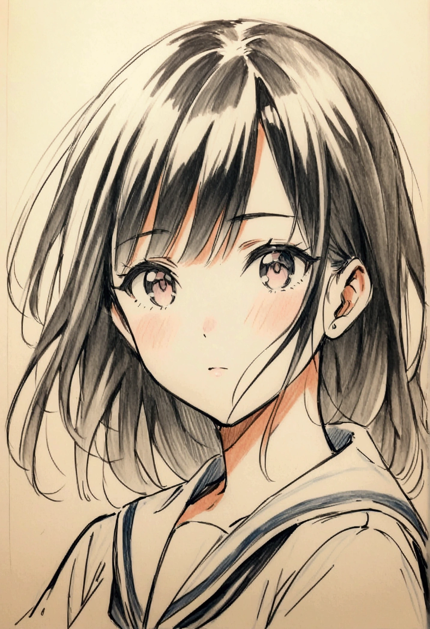Sailor suit girl black hair colored pencil sketch