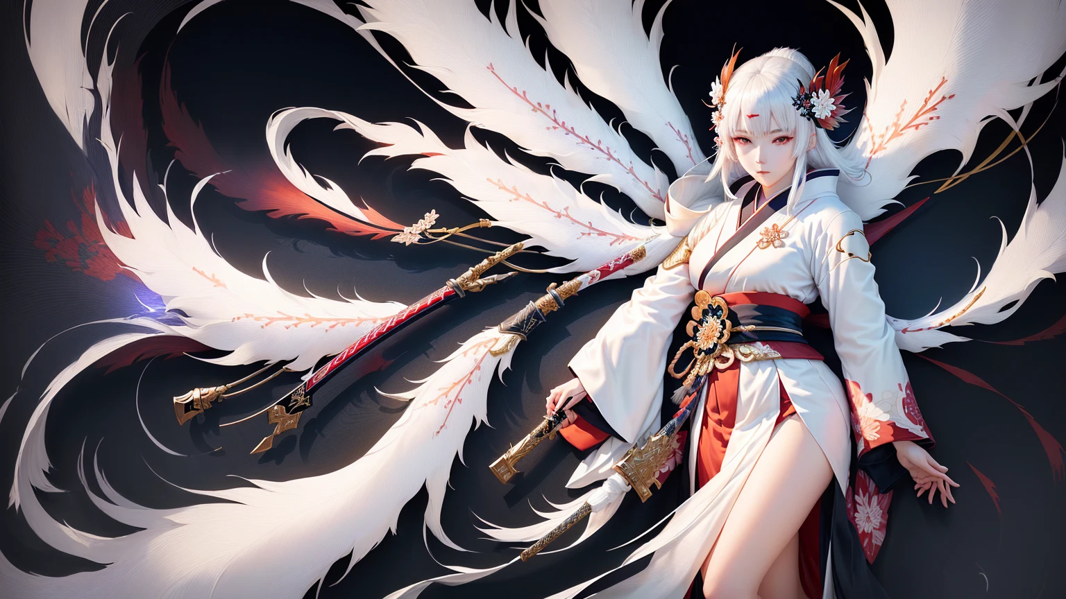 anime girl In kimono outfit holding a sword and a cigarette, Onmyoji portrait, onmyoji, The Detailed Art of the Onmyoji, White-haired God, Flowing white robes, Keqing of Genshin Impact, ((wearing a noble robe)), In kimono, In kimono, Classic Kimono, Best anime 4k konachan wallpaper