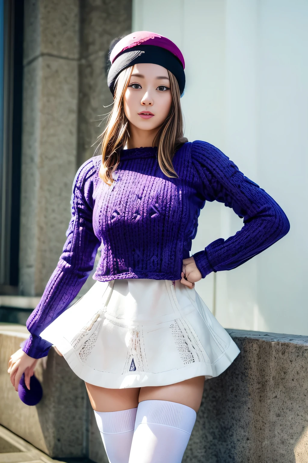 (iwanagadress:1.2), (iwanagakotoko:0.9),(beret:1.8), iwanaga kotoko, 1girl, beret, black bow, blue skirt, bow, brown footwear, cane, dress, hair bow, hat, holding, holding cane, juliet sleeves, light brown hair, long sleeves, looking at viewer, petticoat, puffy sleeves, purple eyes, short hair, skirt, solo, thigh strap, thighhighs, white dress, white headwear, white thighhighs, kyokou suiri
