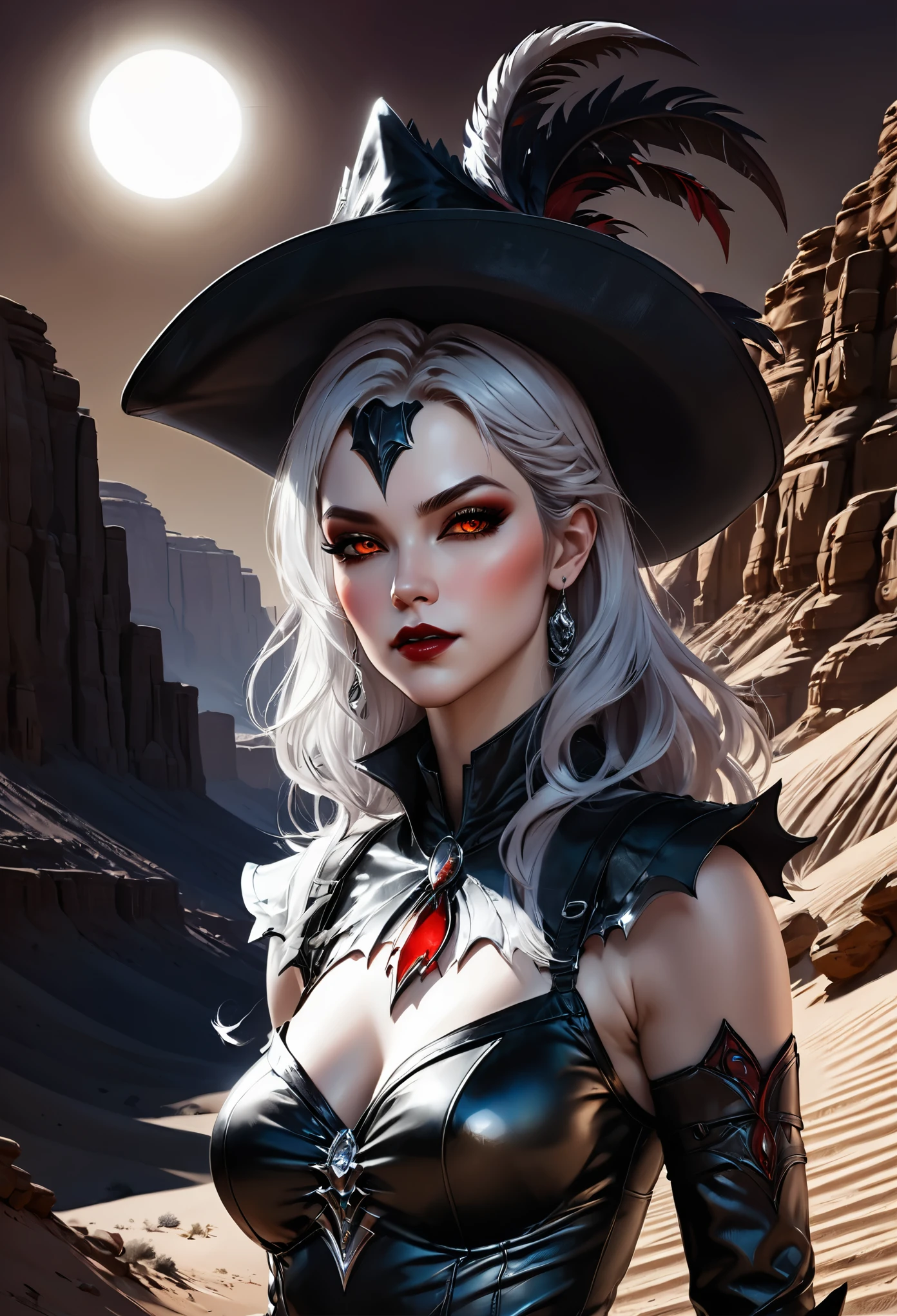 a picture of a female vampire cowboy in the desert night, a goth beauty, exquisite beautiful female vampire, ((anatomically correct: 1.5), (ultra detailed face: 1.2), best detailed face, red glowing eyes, full body, busty, wearing white bottom shirt, short skirt, dynamic color. wearing (cowboy hat: 1.2), wearing high heeled boots, it is night time in the desert, moon light. moon rays, west America desert canyon background, Hyperrealism style, vibrant, Ultra-high resolution, High Contrast, (masterpiece:1.5), highest quality, Best aesthetics), best details, best quality, highres, ultra wide angle, 16k, [ultra detailed], masterpiece, best quality, (extremely detailed) RAW, chumbasket art style, rpg portrait photograph