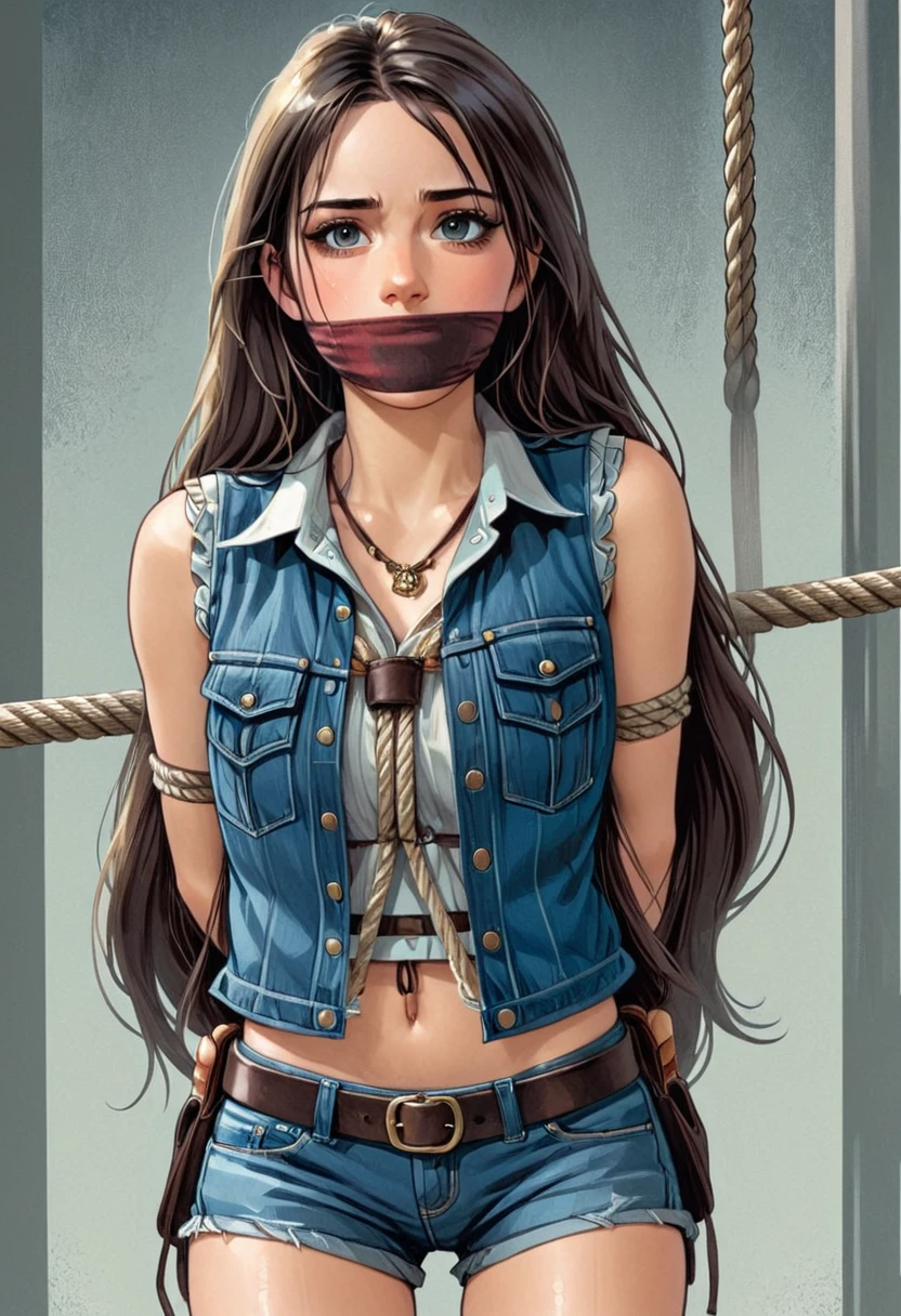 1girl, cowgirl, long hair, shirt, vest, jean shorts, holster, arms behind back, ropes, shibari over clothes, otm gag, portrait, graphic novels illustration