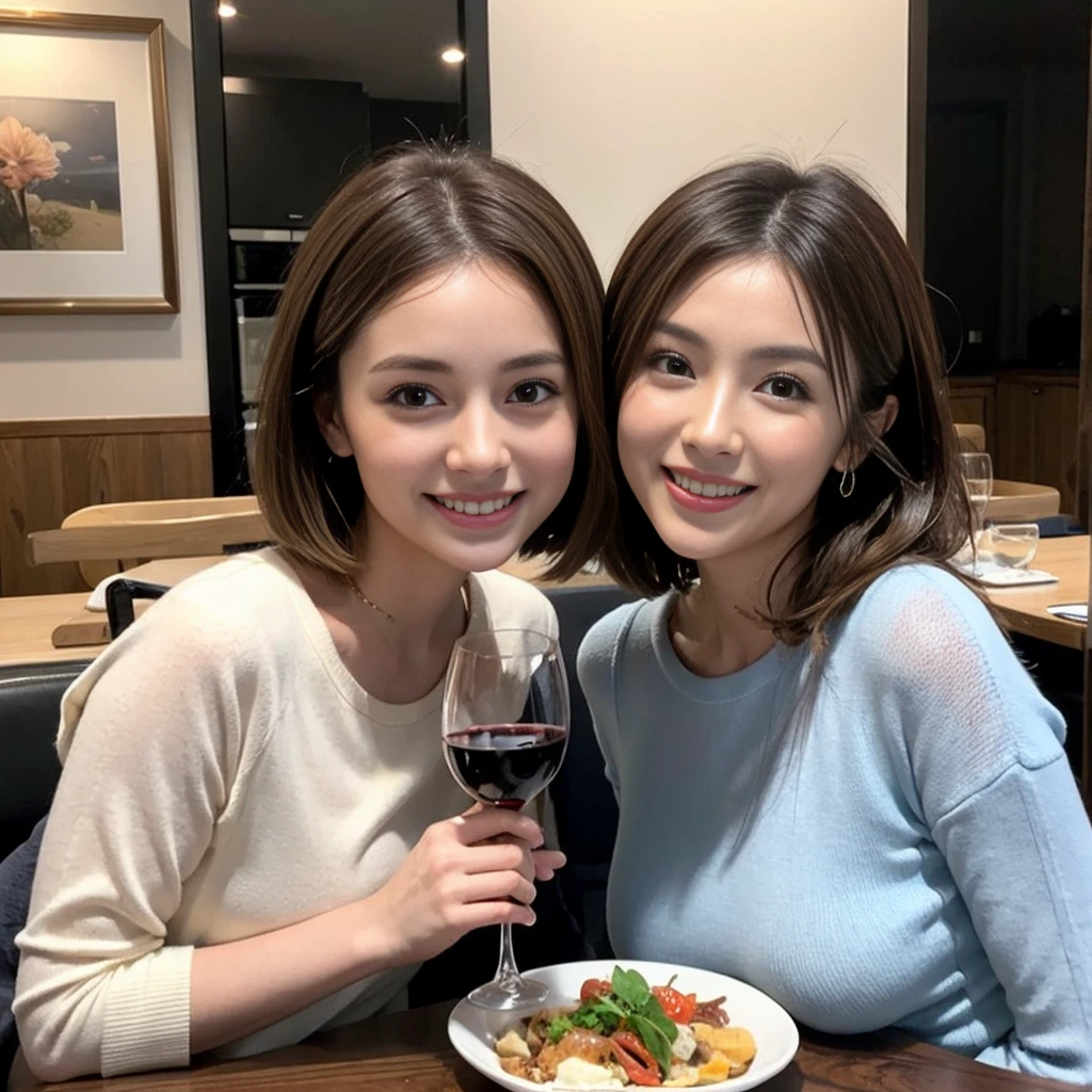 (Realistic:1.1),(masterpiece,Highest quality),8k,(44 years old), 42 years old, slimカップル、Model Couple、actress/actor、Tight waist,Upper Body,full-course dinner、wine 、Amazing view of the sunset sky and clouds、Perfect Anatomy, Brown Hair, short hair,Random Hairstyles,((Highly detailed face and eyes:1.2))(cute顔:1.4),美しいactressの顔,Perfect golden ratio face,Long sleeve shirt、dress,(smile:1.2)、Shortcuts、cute、(Realistic, Intricate details:1.2), A bright smile、short hair,Bright Face、赤wine 、Appetizers、Italian food、wine bottle、Champagne、スパークリングwine、(slimな顔), (The body is slim), (Brown Hair), (Shortcuts), Upper Body, 白wine, slim, wineグラス,